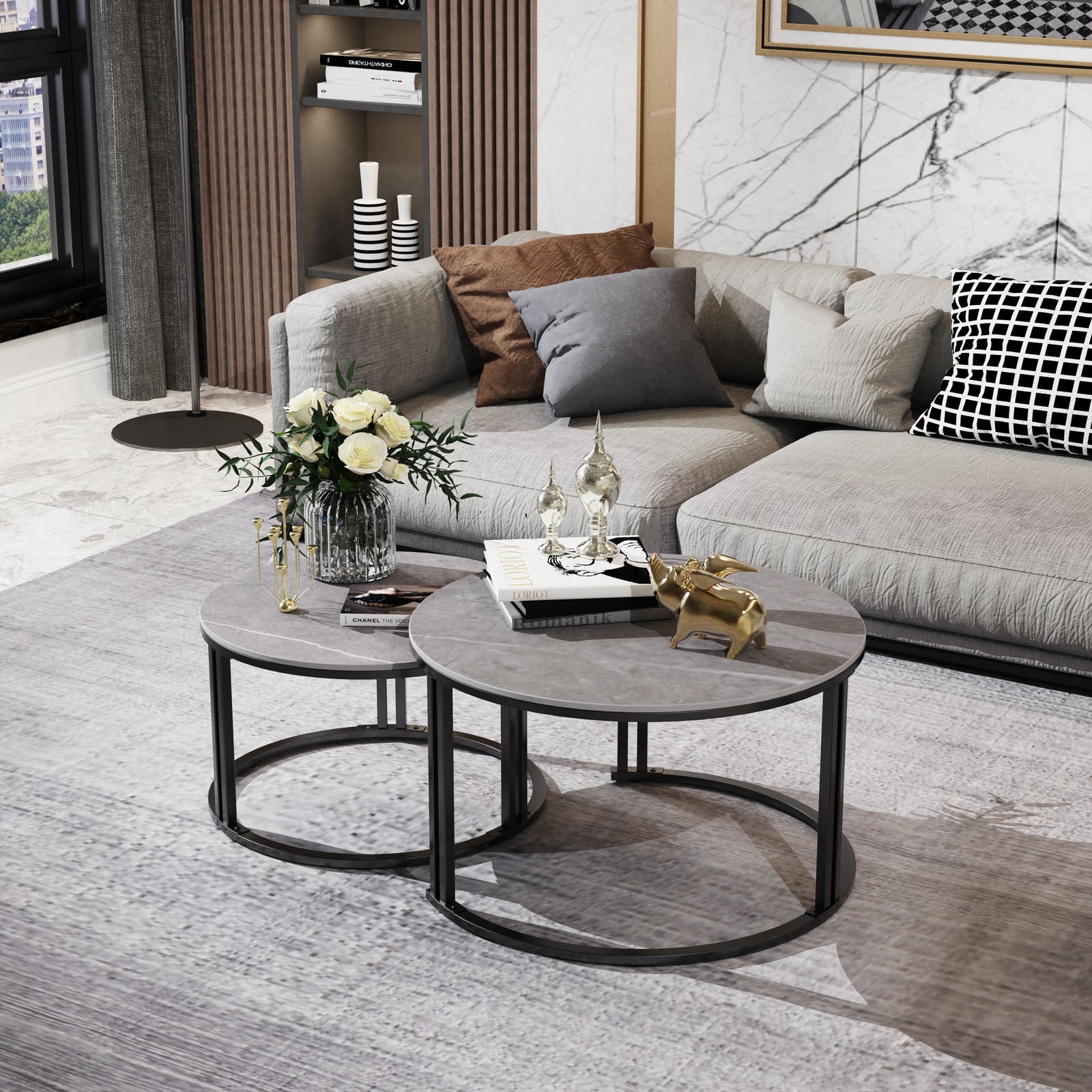 Round Nesting Coffee Table Sintered Stone-top Stacking Center Table Se ...