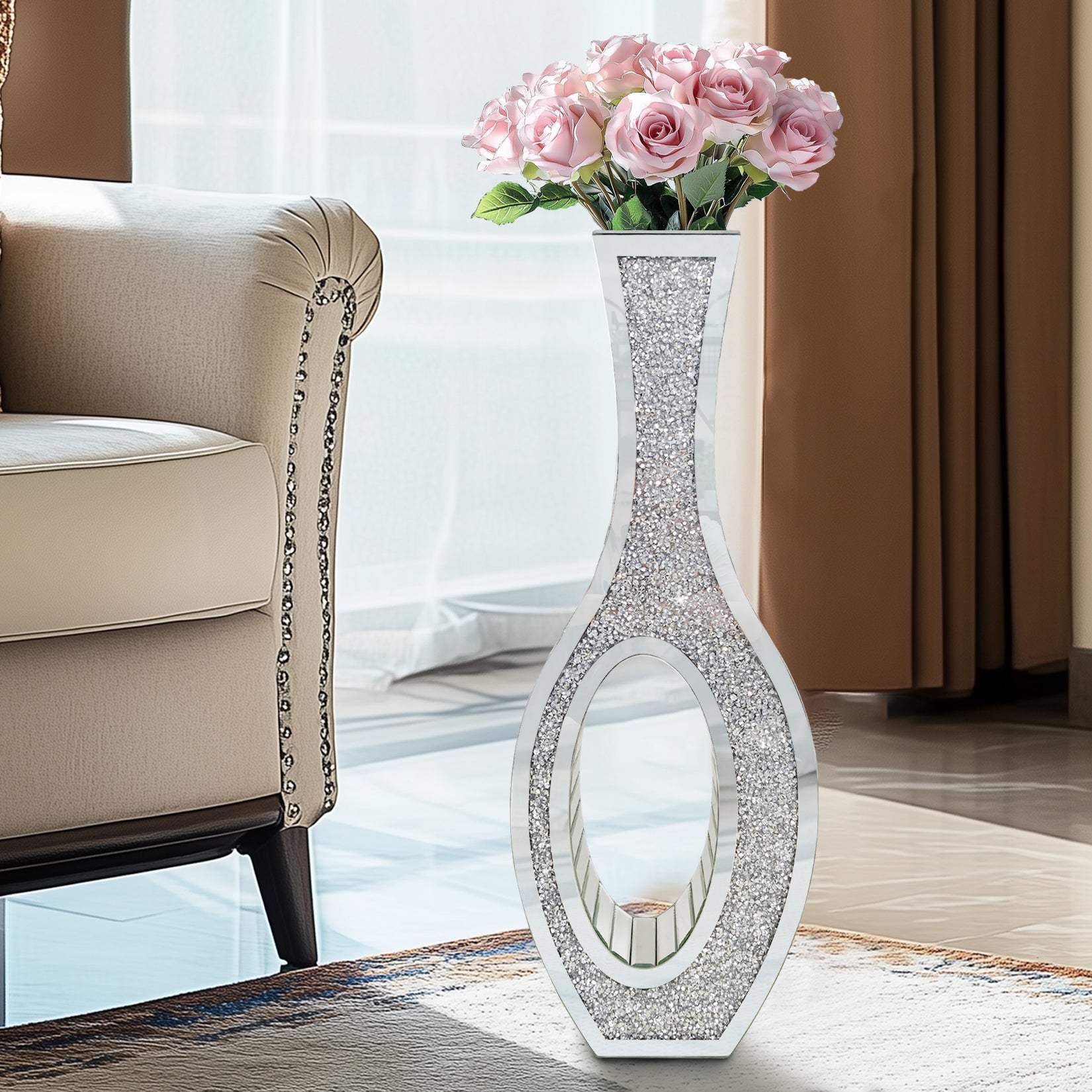 Crushed Diamond Floor Vase: Silver Mirror Vase Geometric Bling Floor-Standing Luxury Home Decor