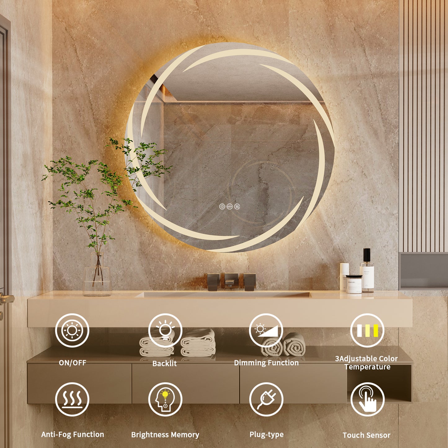 Round Backlit Smart LED Bathroom Mirror, CRI95