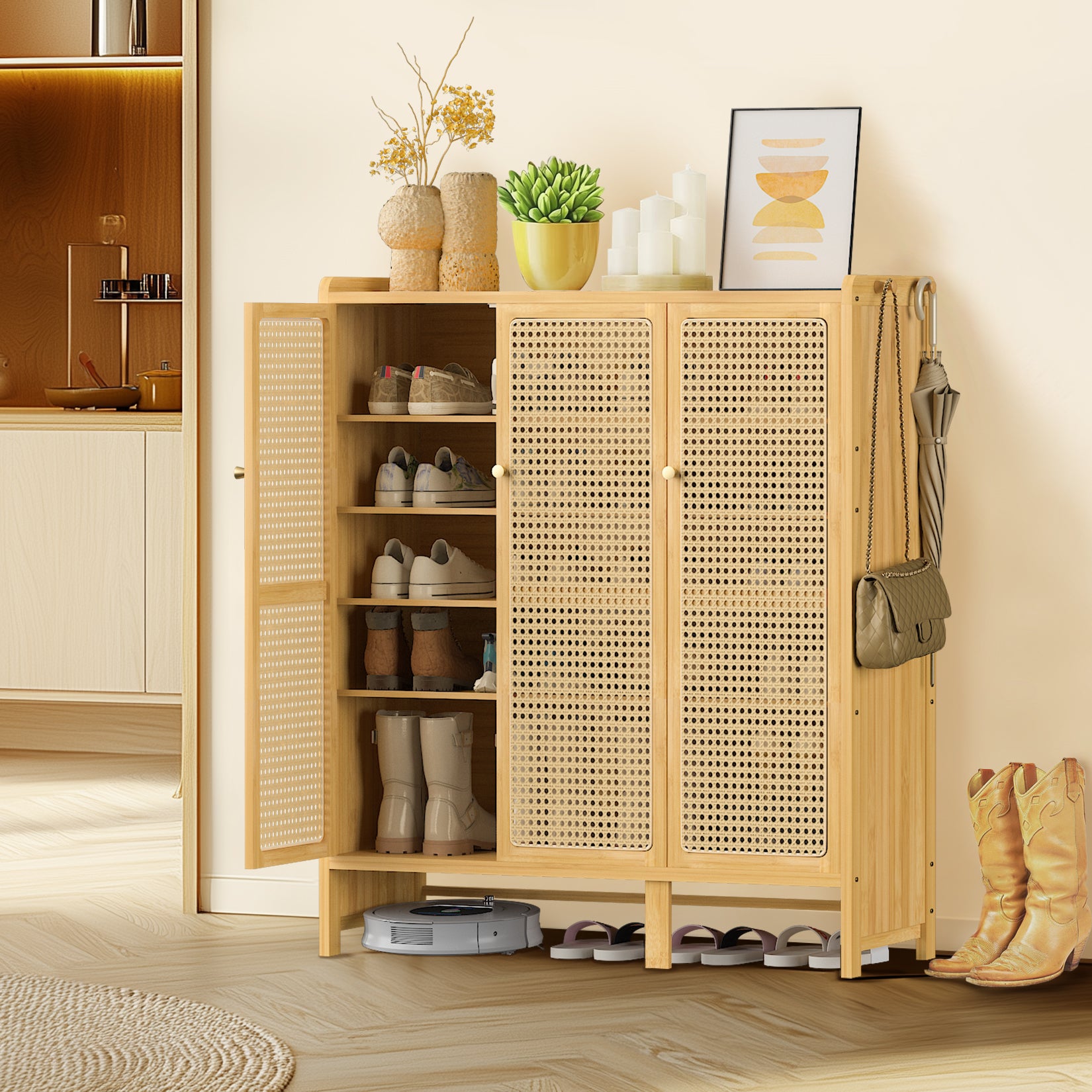 Bamboo Shoe Cabinet: 6 Tier Shelves Shoe Storage Cabinet with Hollow Doors Shoe Rack for Entryway