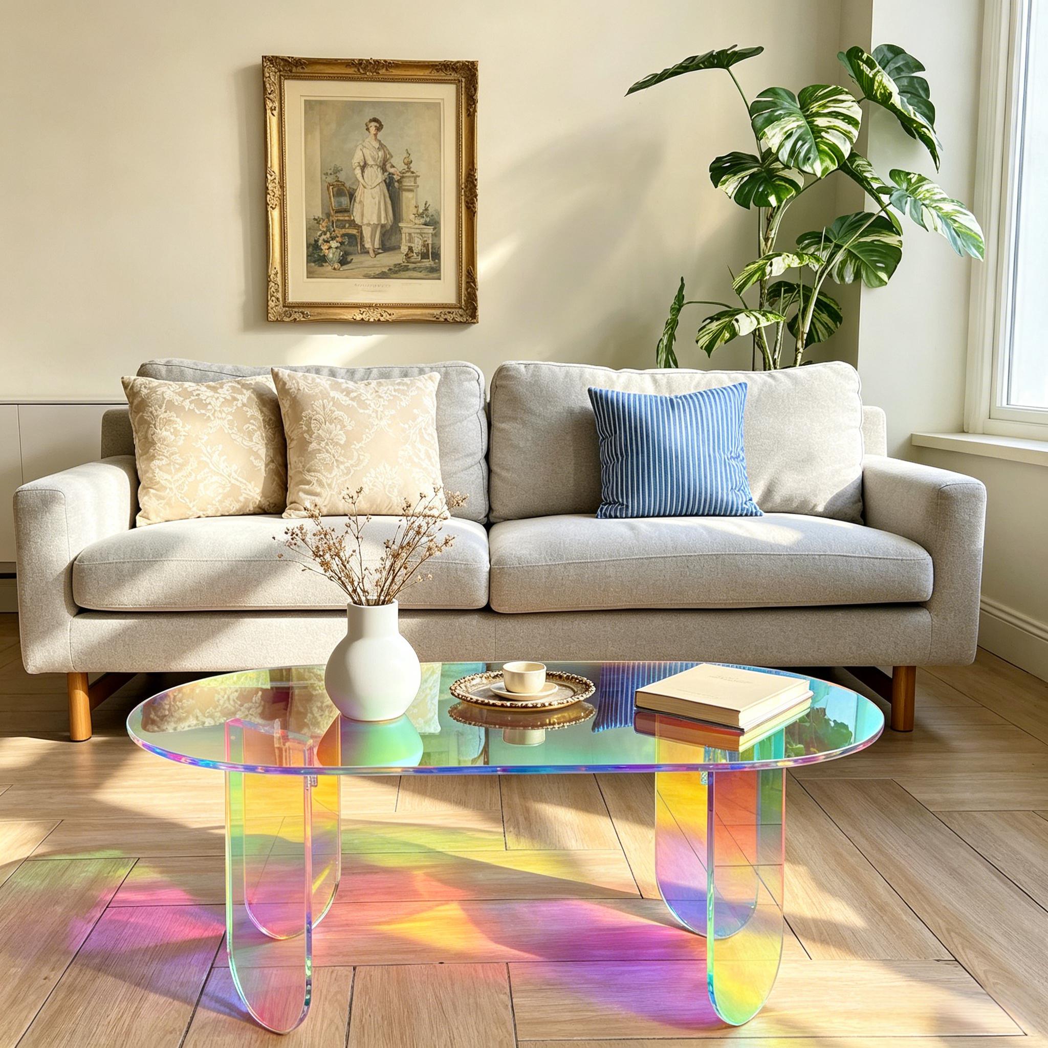 Iridescent Acrylic Coffee Table with Colorful Rainbow Effect - Add a Splash Of Color