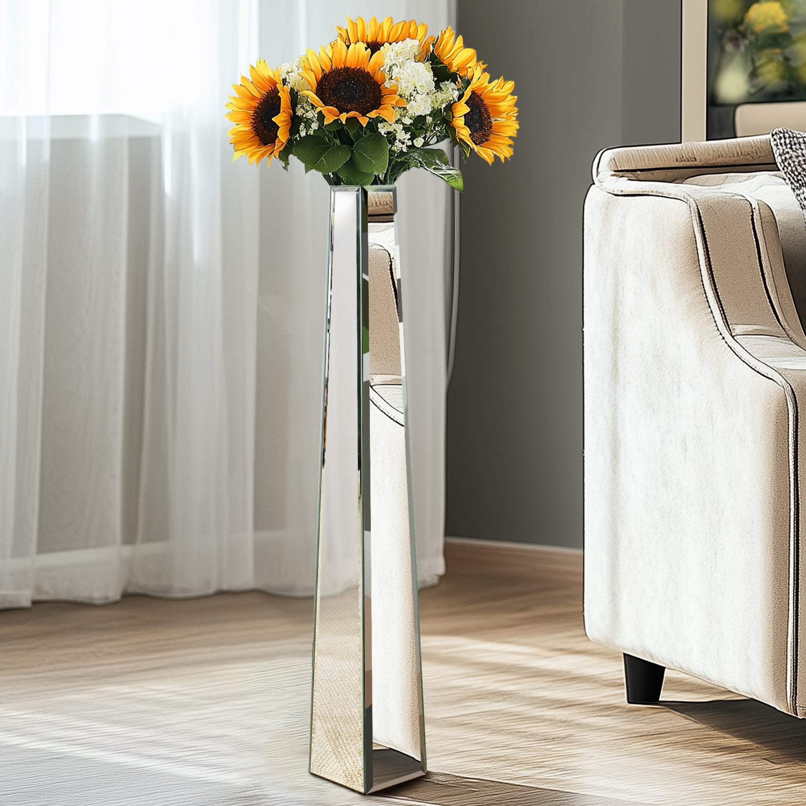 Mirrored Floor Vase: 30” Tall Mirrored Glass Flower Floor Vase for Holding Dried Flowers