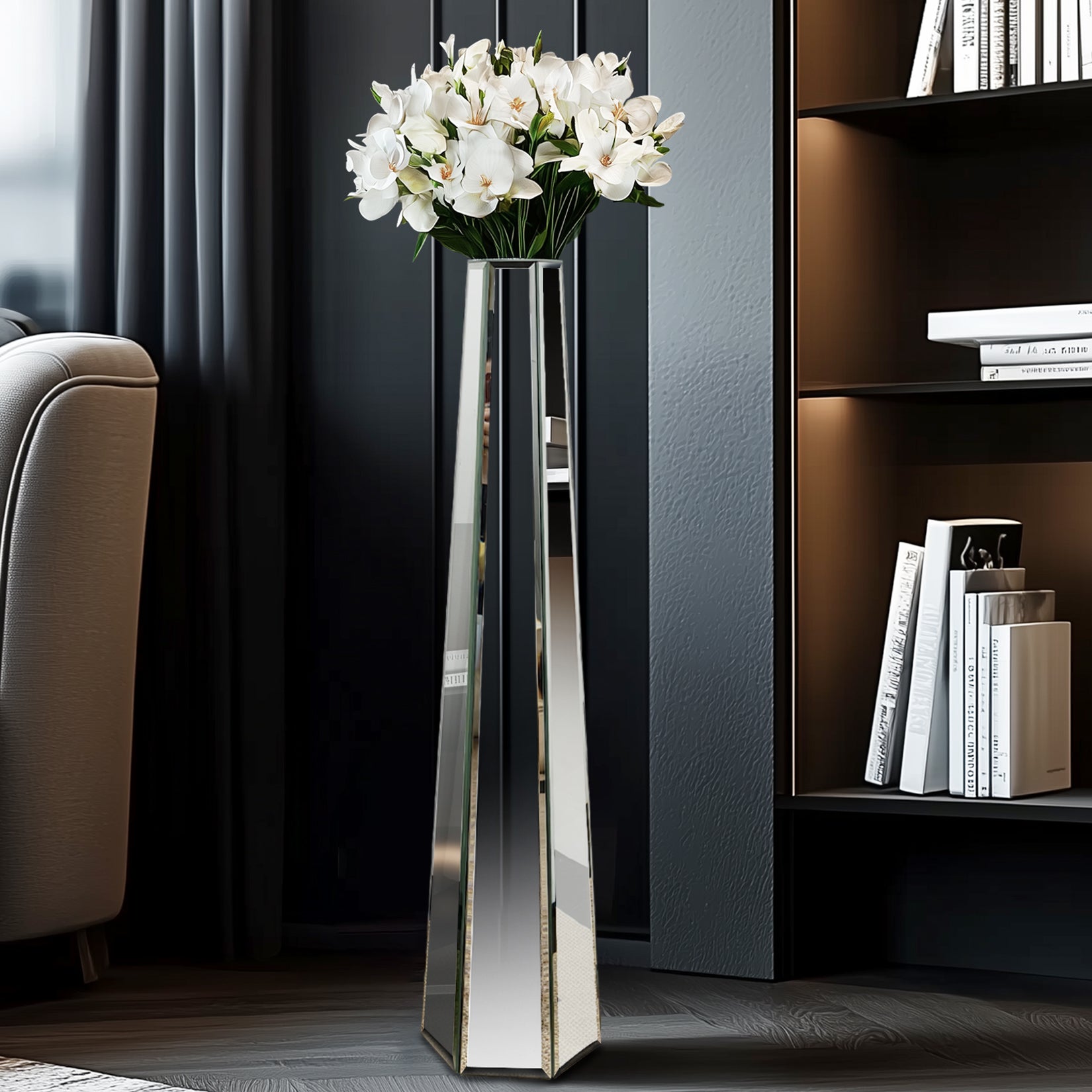 Mirrored Floor Vase: 30” Tall Mirrored Glass Flower Floor Vase for Holding Dried Flowers