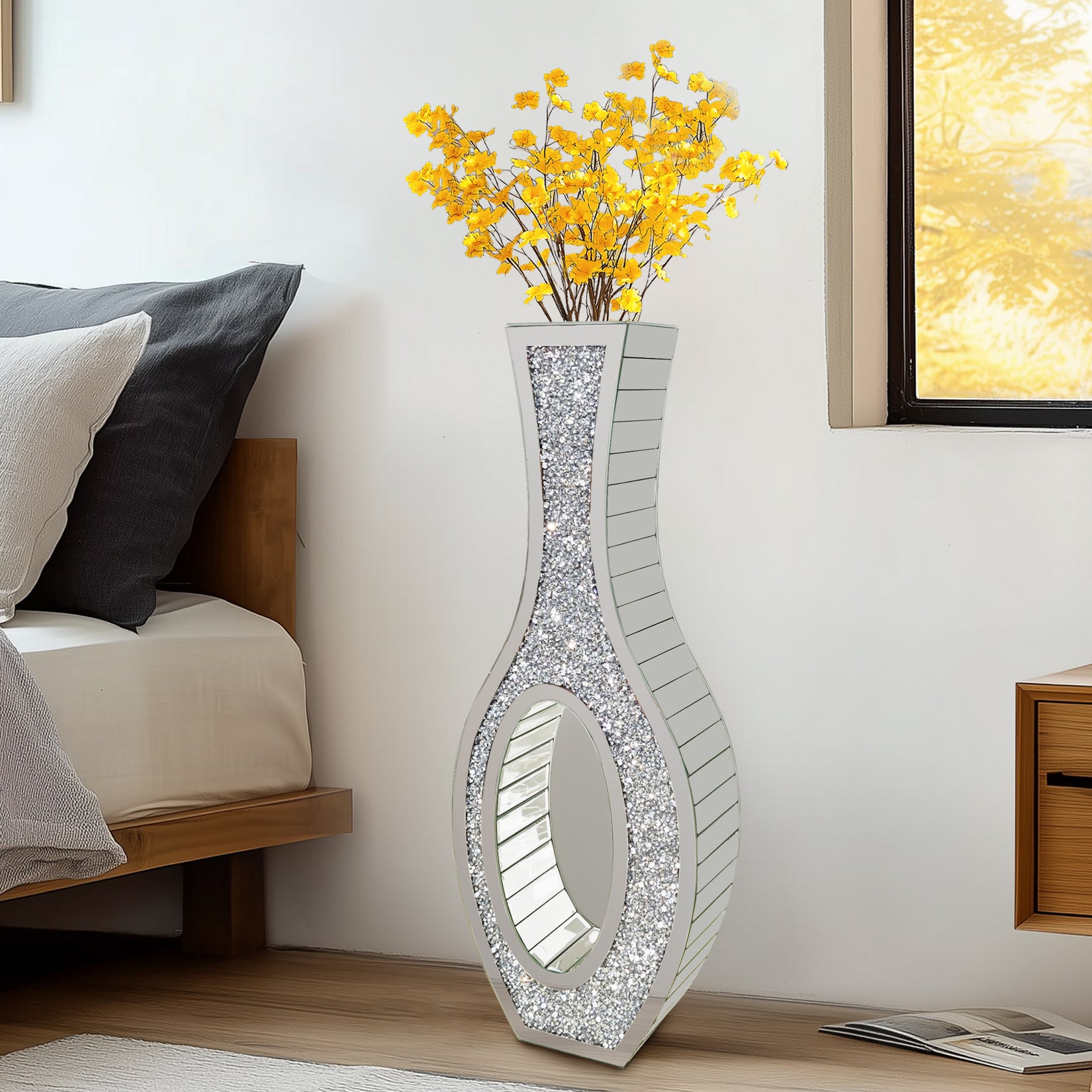 Crushed Diamond Floor Vase: Silver Mirror Vase Geometric Bling Floor-Standing Luxury Home Decor