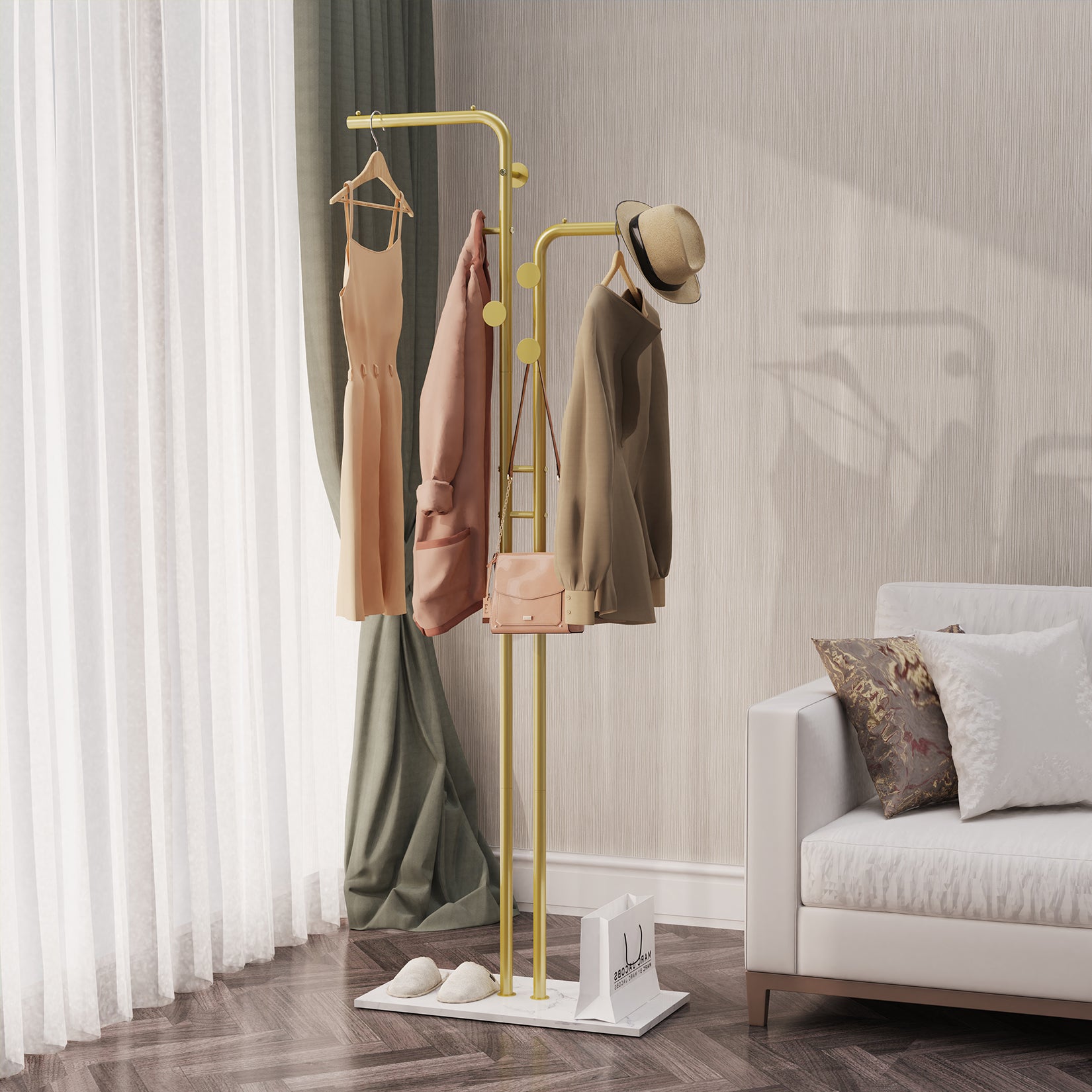 Gold Metal Coat Rack with 5 Smooth Hooks, Free Standing Clothes Stand