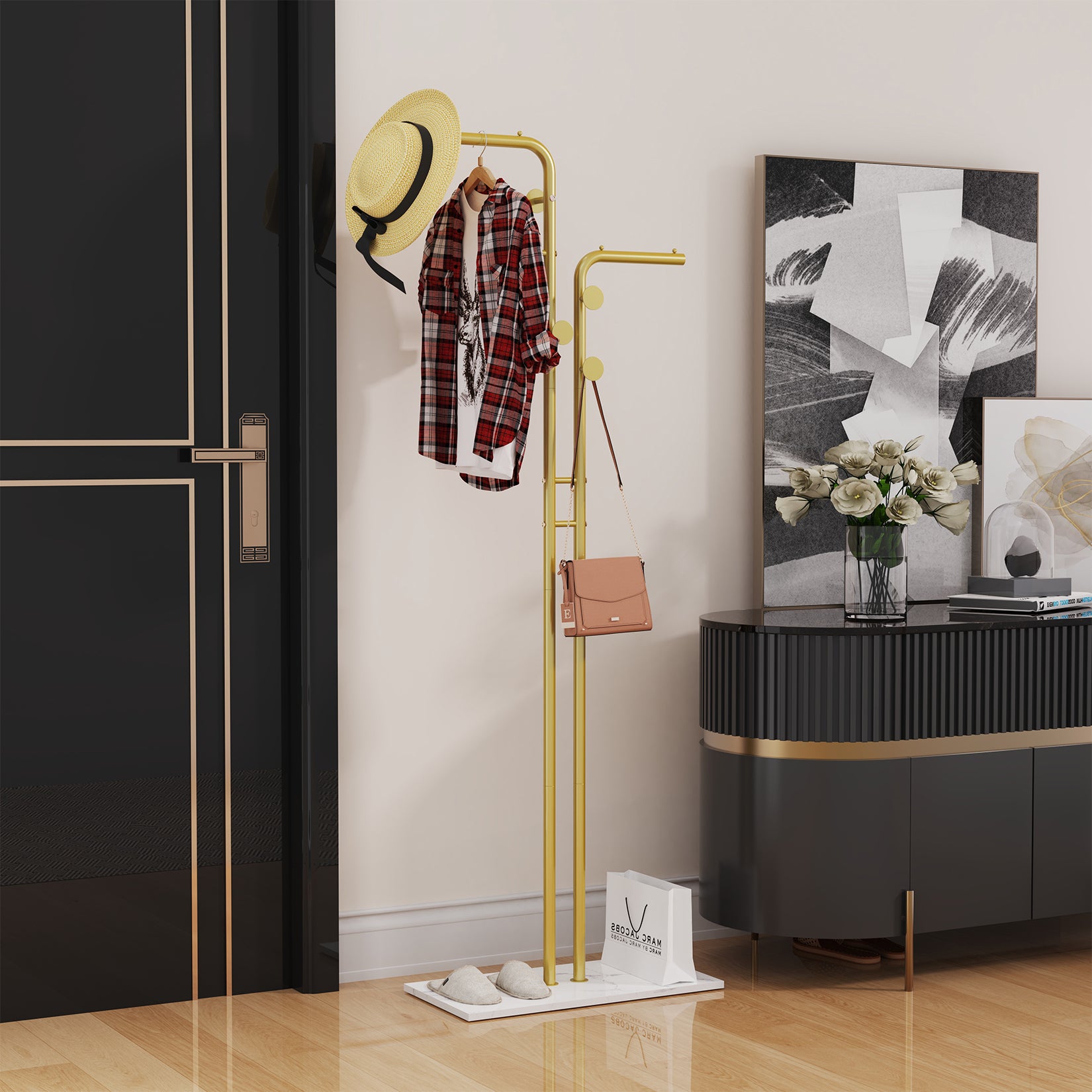 Gold Metal Coat Rack with 5 Smooth Hooks, Free Standing Clothes Stand