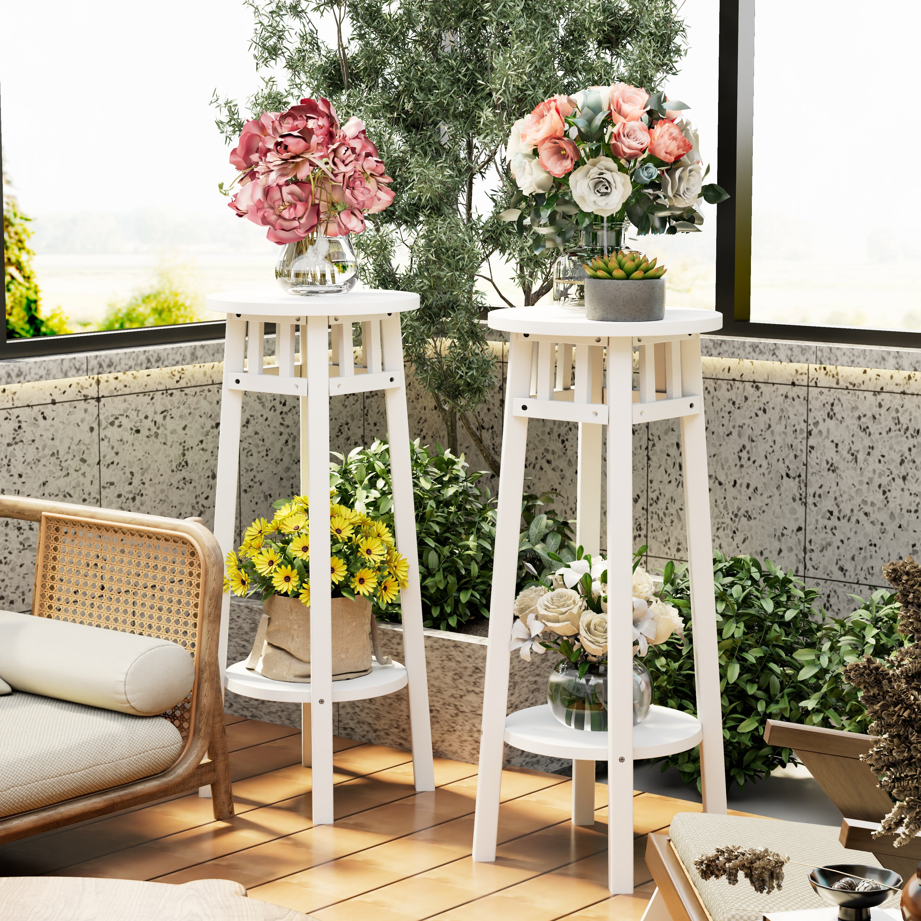 Pack of 2 Minimalist White Plant Stands Garden Flower Holder