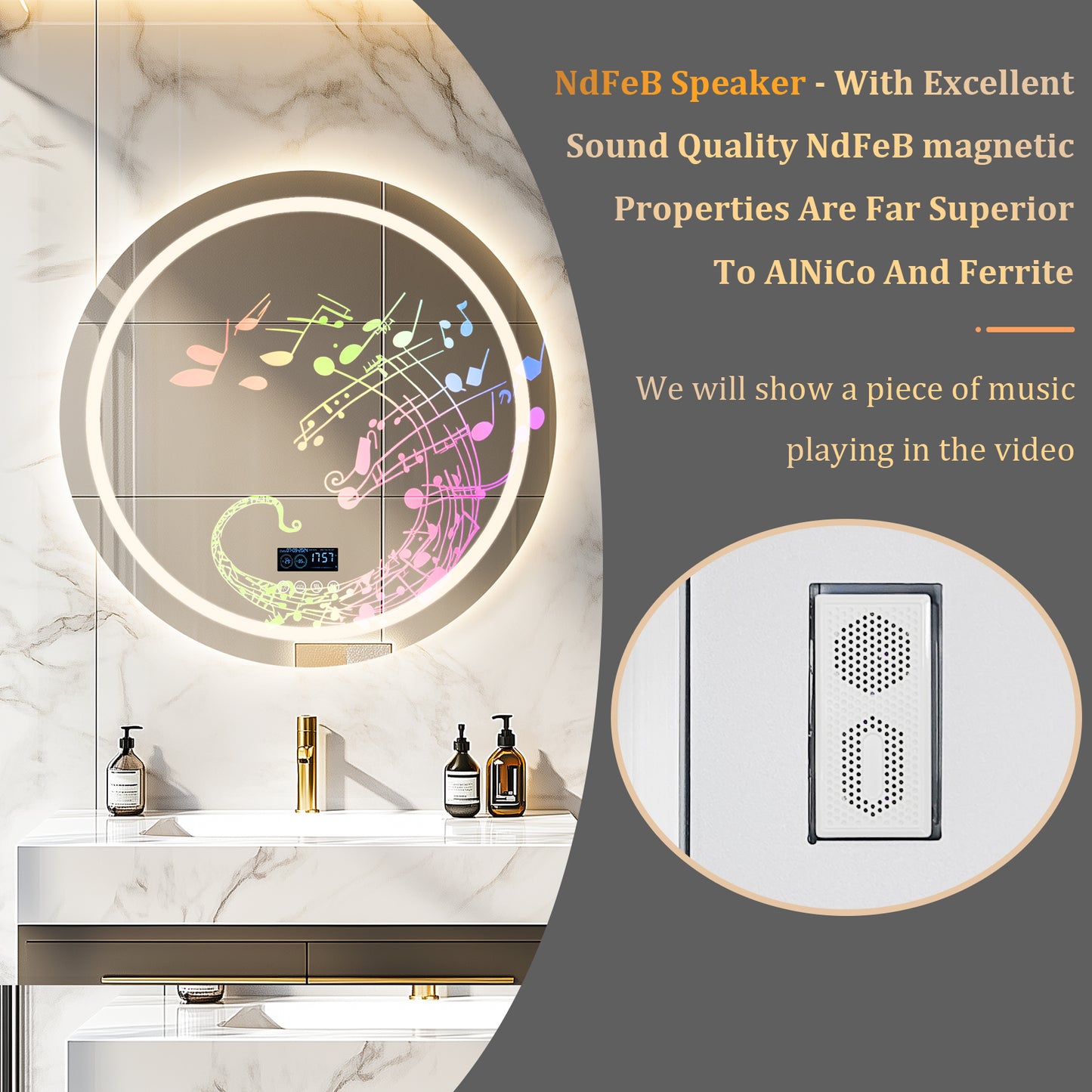 32" Round Lighted Bathroom Mirror with Bluetooth Speaker, Front-lit Backlit