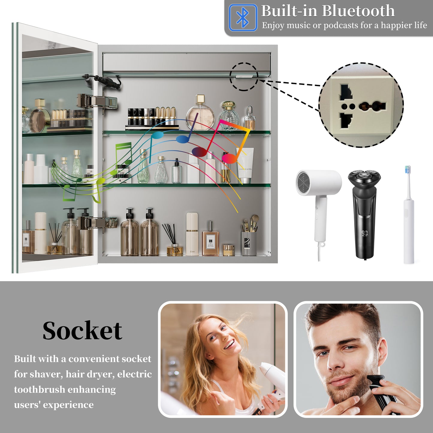 Innovative Rectangle Bathroom Lighted Cabinet w/ Socket, Bluetooth, Anti-fog