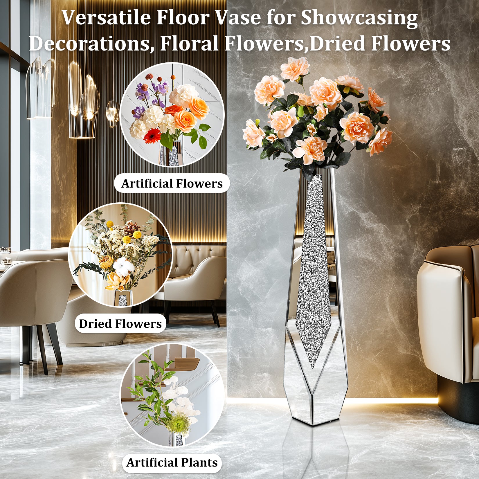 28” Tall Crushed Diamond Mirrored Flower Vase Crystal Silver Floor Flower Vase
