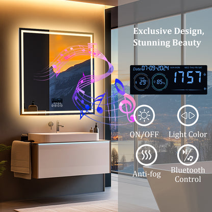 Square LED Bathroom Mirror with Bluetooth Speaker, Double Led Strips