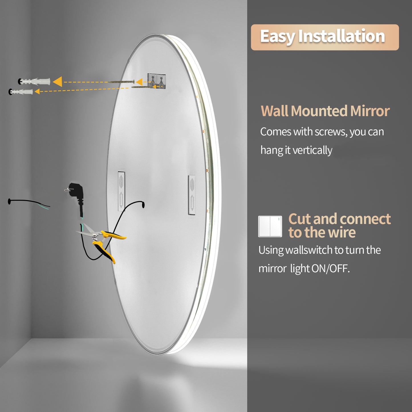 32" Round Lighted Bathroom Mirror with Bluetooth Speaker, Front-lit Backlit