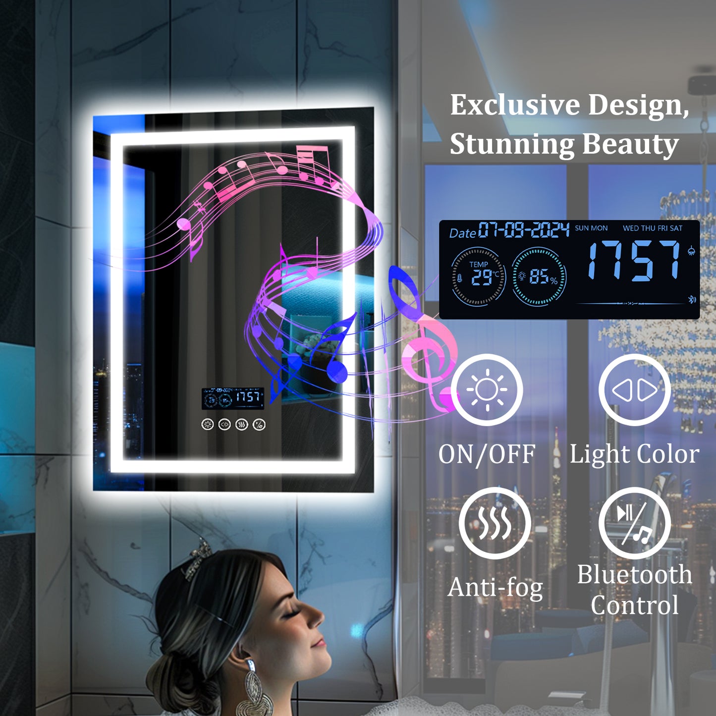 Square Lighted Bathroom Mirror with Bluetooth Speaker, Front-lit, Backlight,