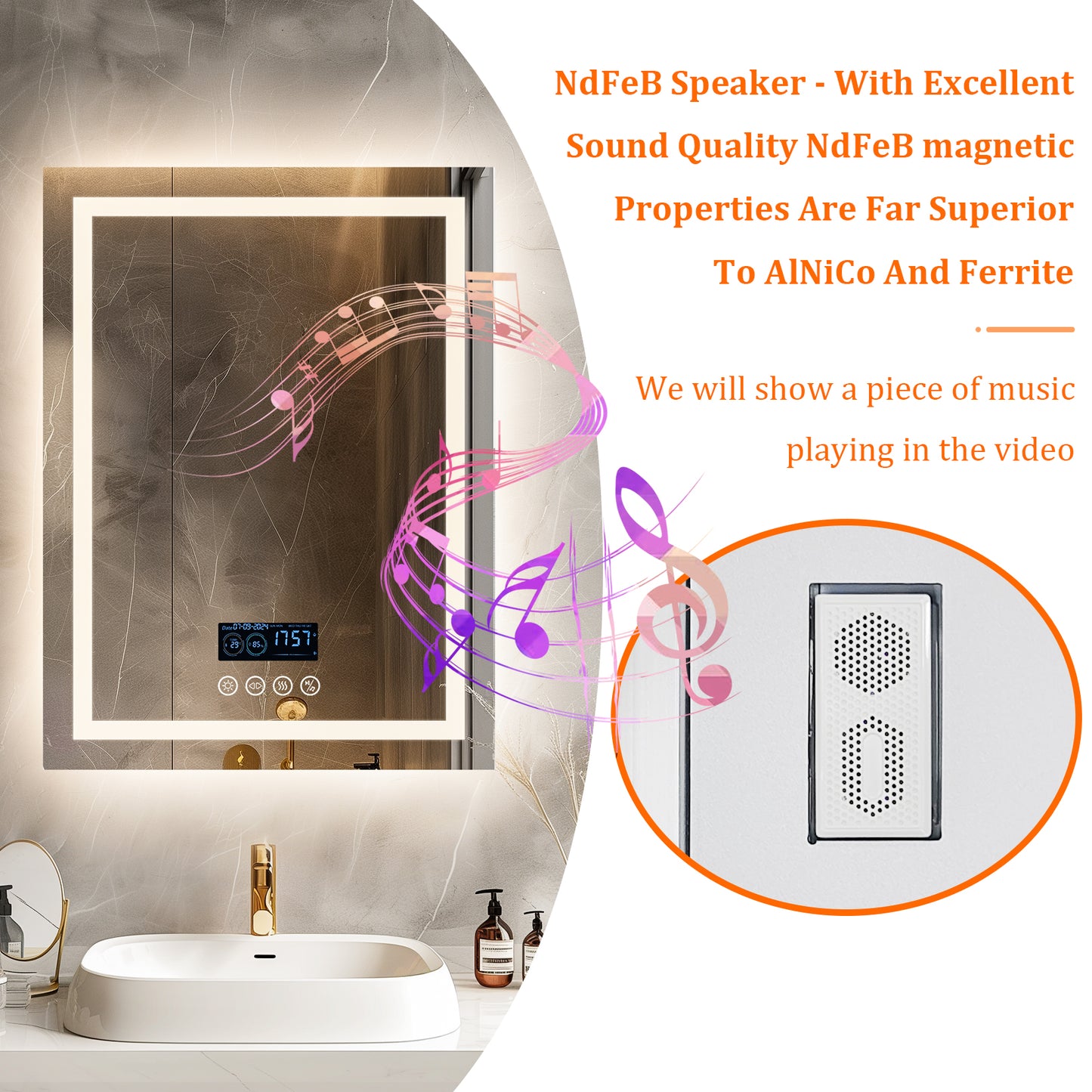 Square Lighted Bathroom Mirror with Bluetooth Speaker, Front-lit, Backlight,