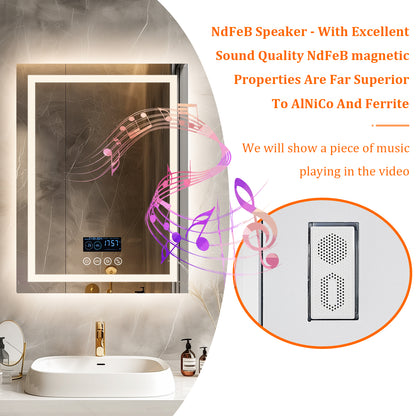 Square Lighted Bathroom Mirror with Bluetooth Speaker, Front-lit, Backlit