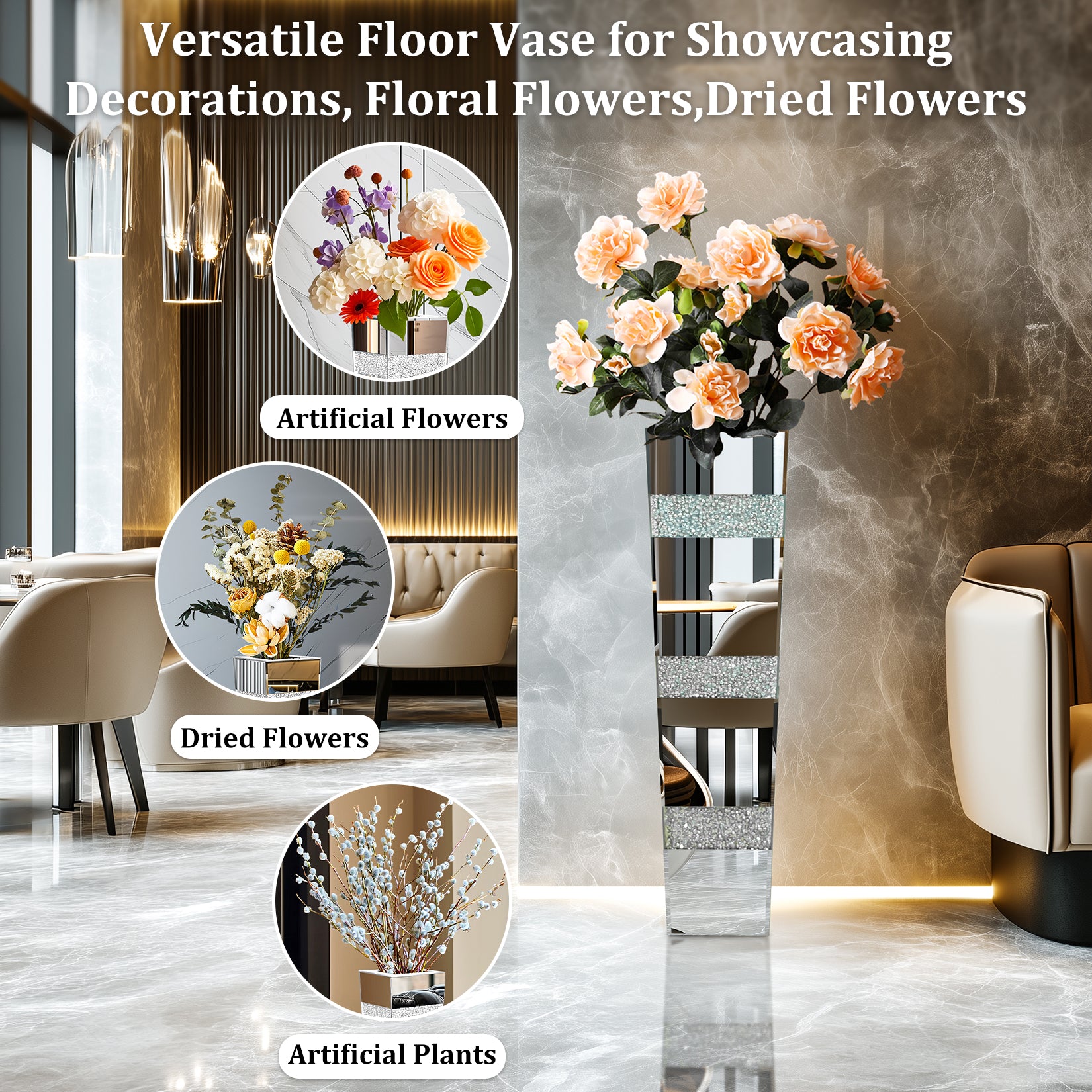 Decorative Mirrored Flower Vase Table Vase with Crushed Diamonds Luxury Silver Decor