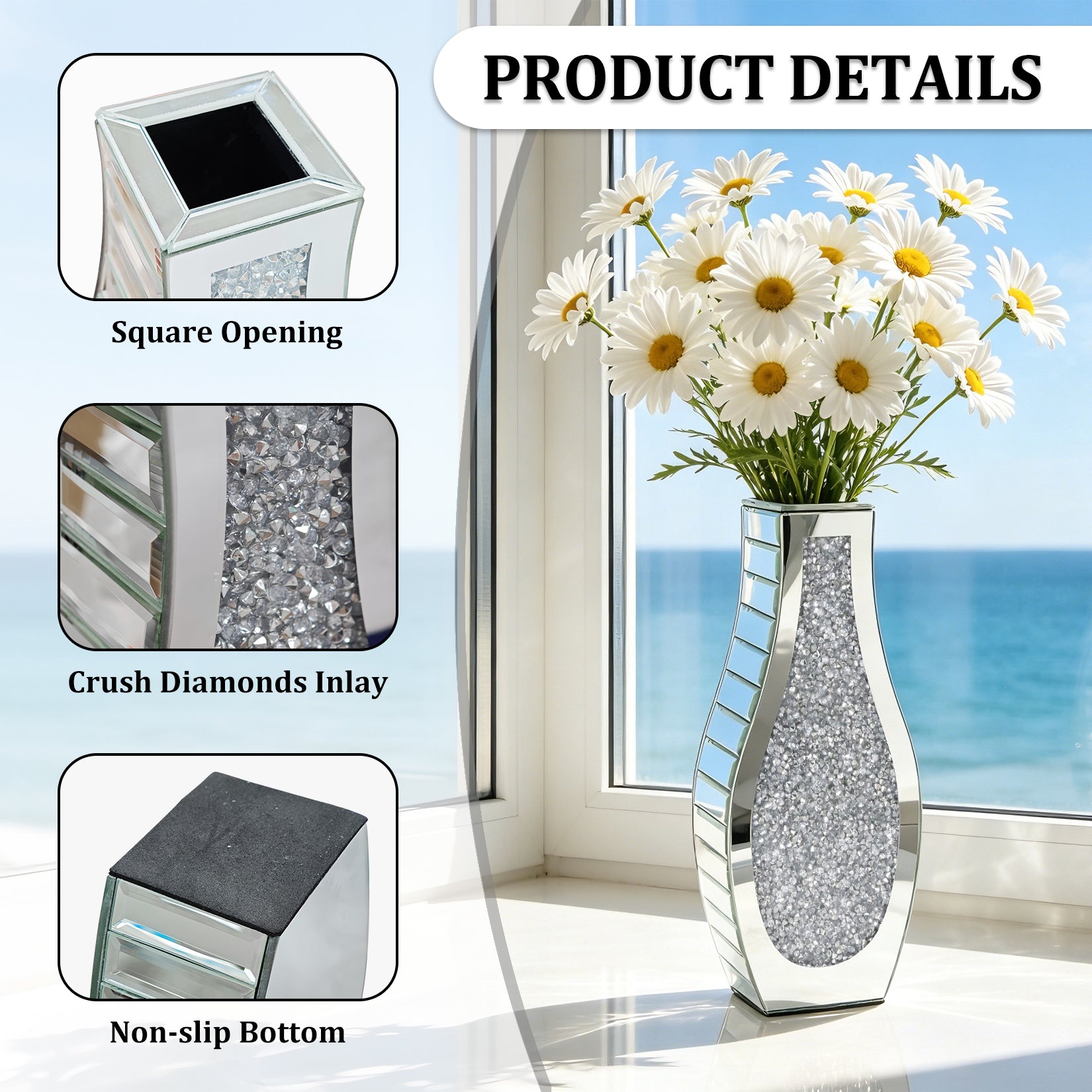 Silver Crushed Diamond Table Flower Vase for Dried Flowers Mirrored Table Centerpiece