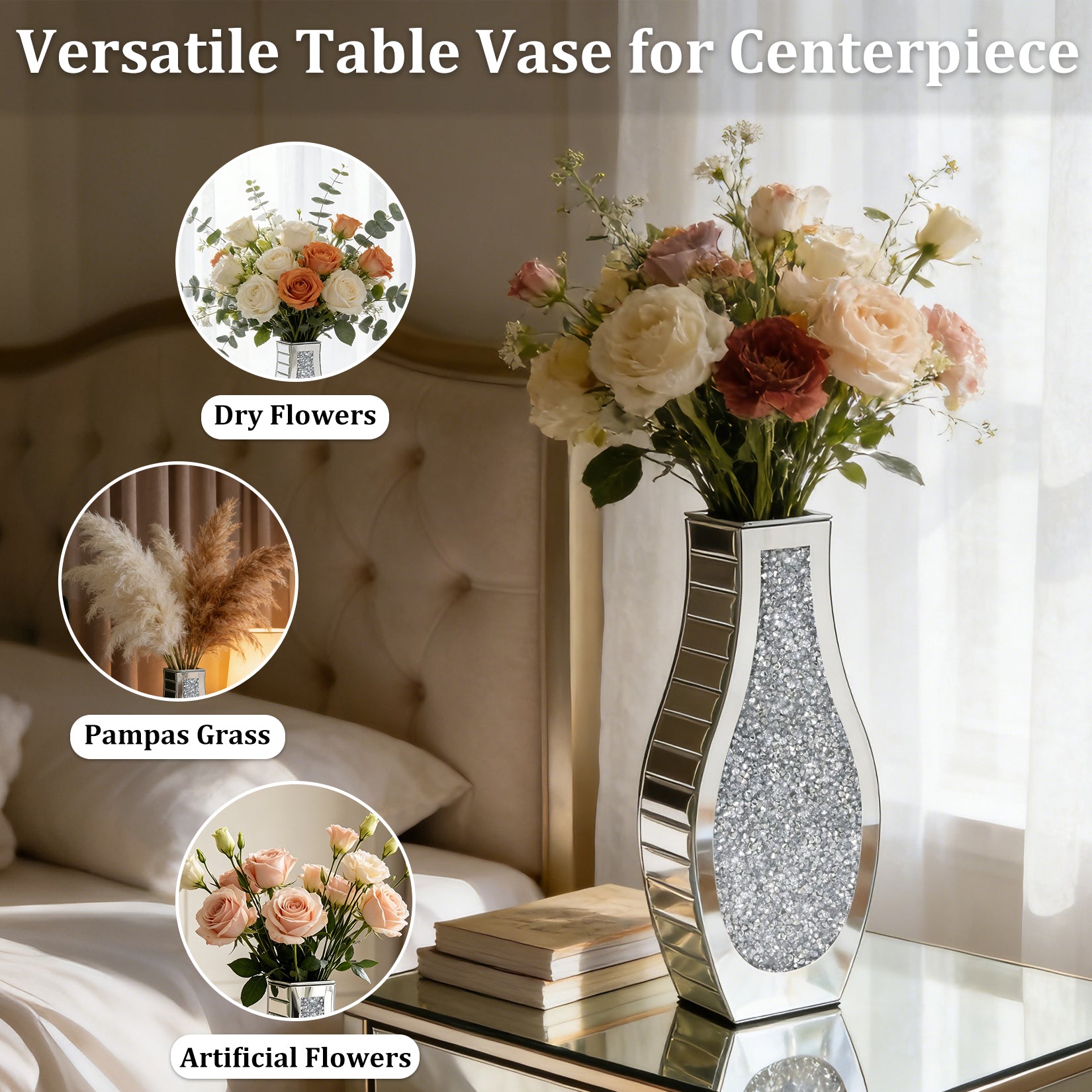 Silver Crushed Diamond Table Flower Vase for Dried Flowers Mirrored Table Centerpiece