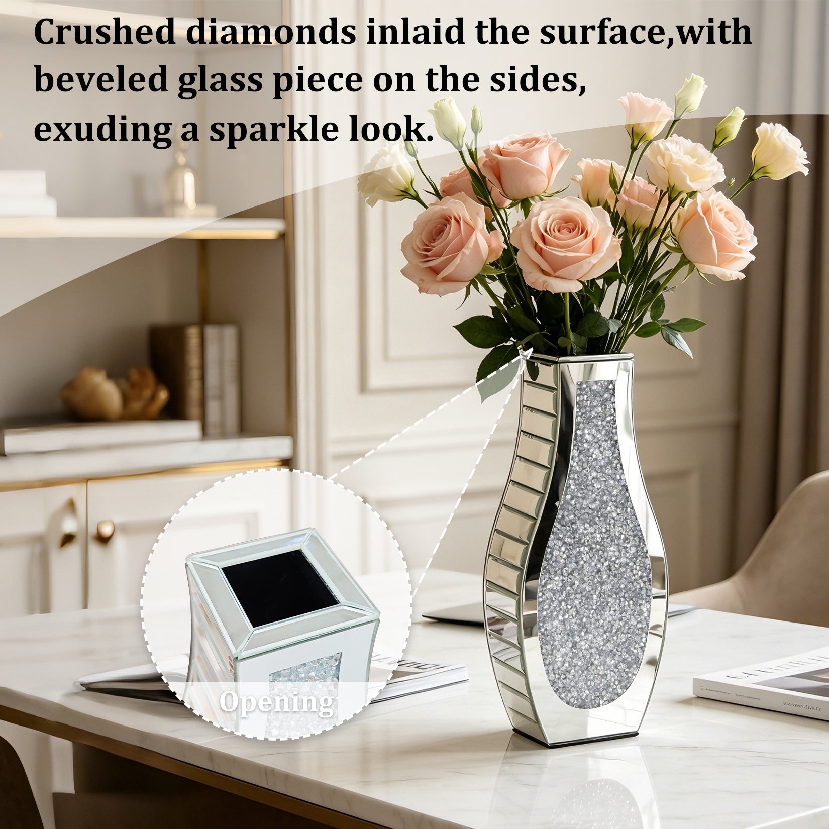 Silver Crushed Diamond Table Flower Vase for Dried Flowers Mirrored Table Centerpiece