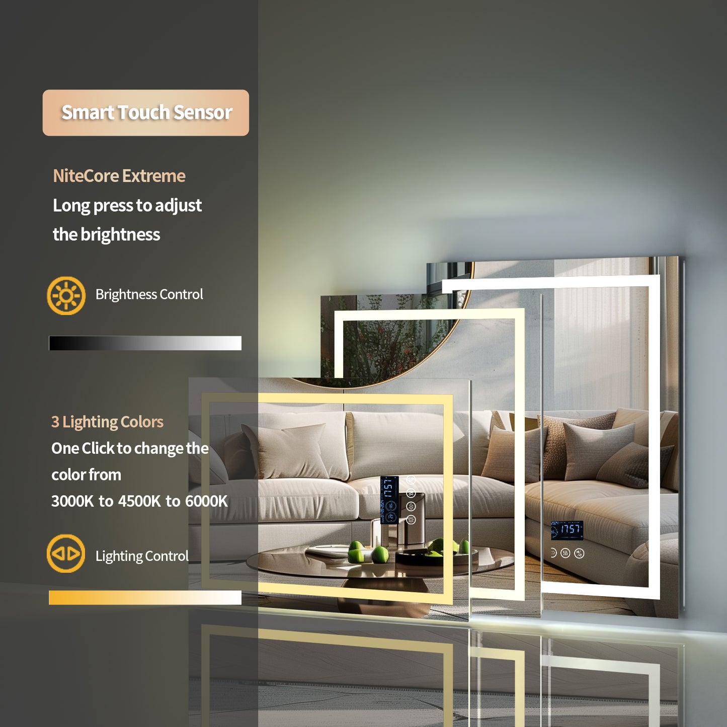 Square Lighted Bathroom Mirror with Bluetooth Speaker, Front-lit, Backlight,