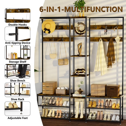 Industrial Corner Clothes Stand with Shoe Rack Storage Bench for Entryway