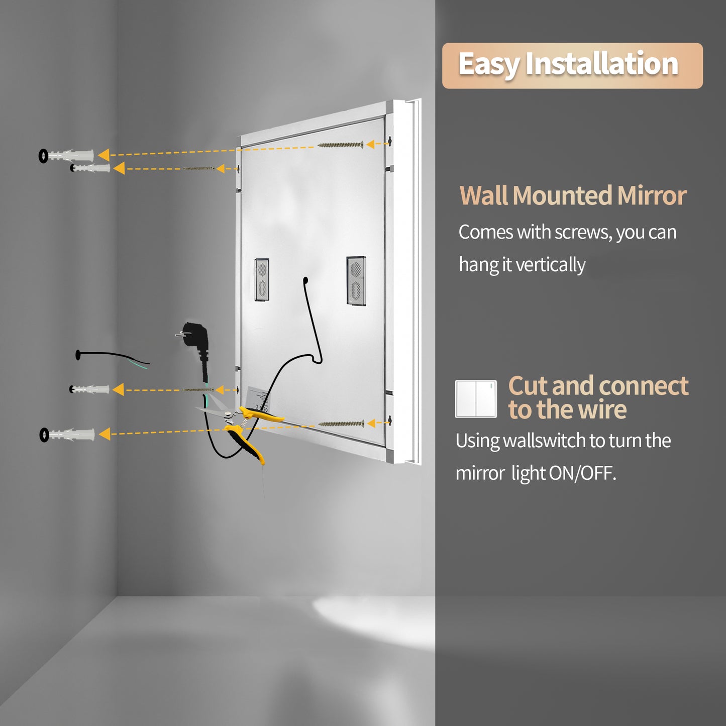 Square LED Bathroom Mirror with Bluetooth Speaker, Double Led Strips