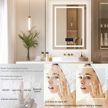 Square Lighted Bathroom Mirror with Bluetooth Speaker, Front-lit, Backlit