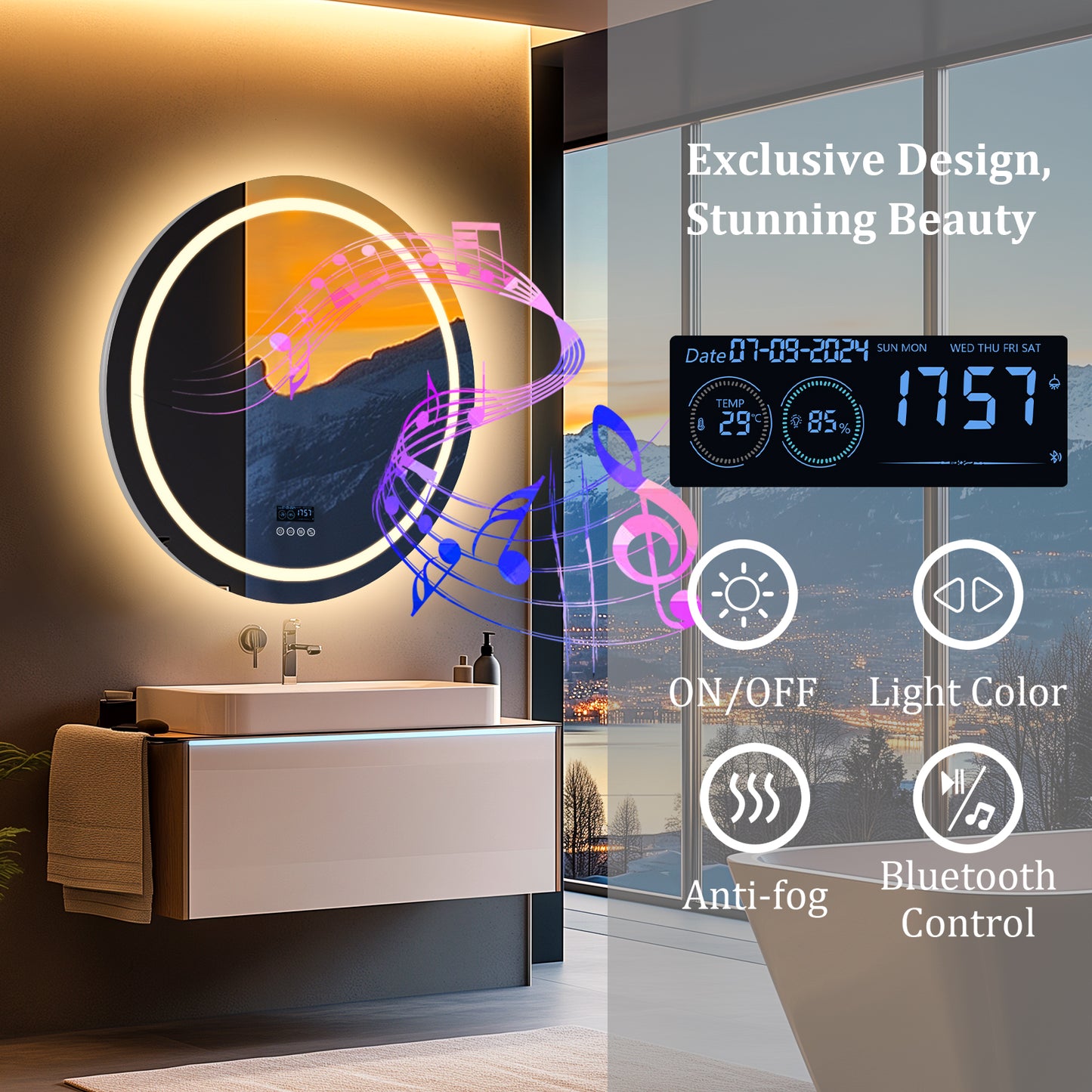 32" Round Lighted Bathroom Mirror with Bluetooth Speaker, Front-lit Backlit