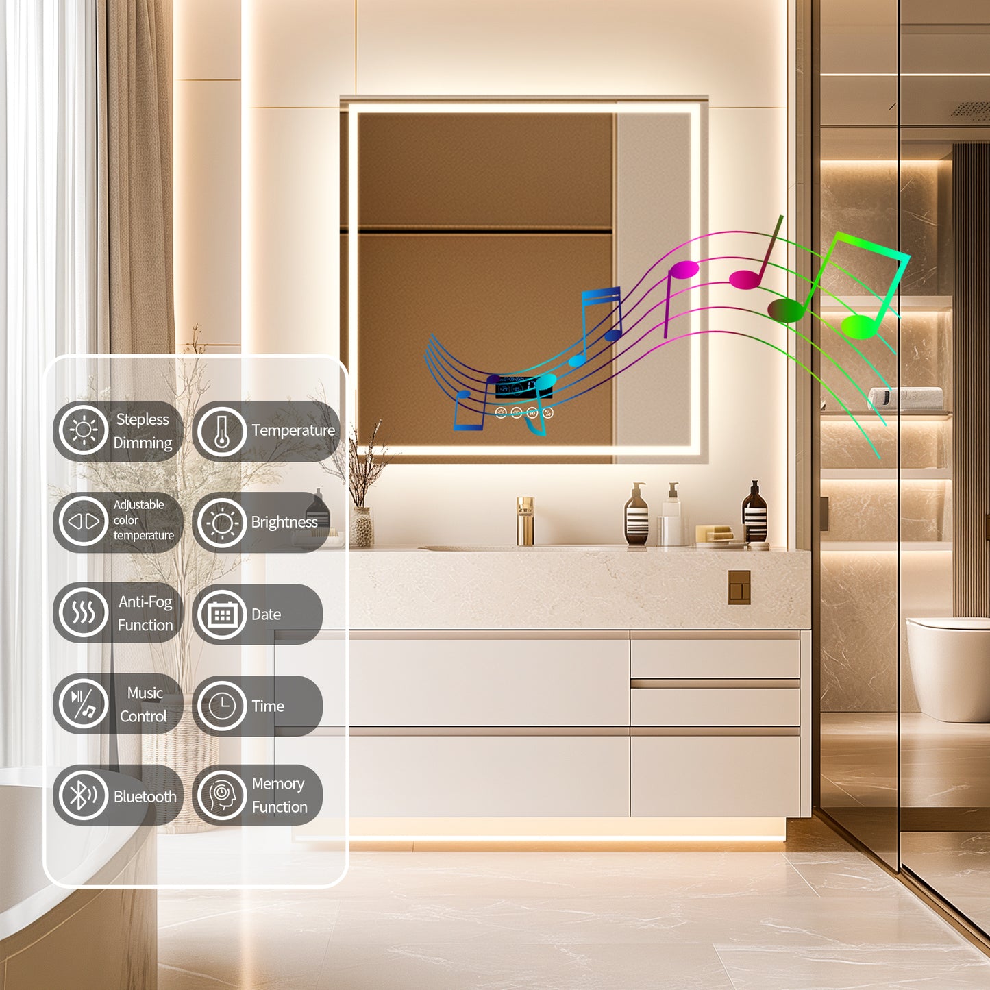 Square LED Bathroom Mirror with Bluetooth Speaker, Double Led Strips