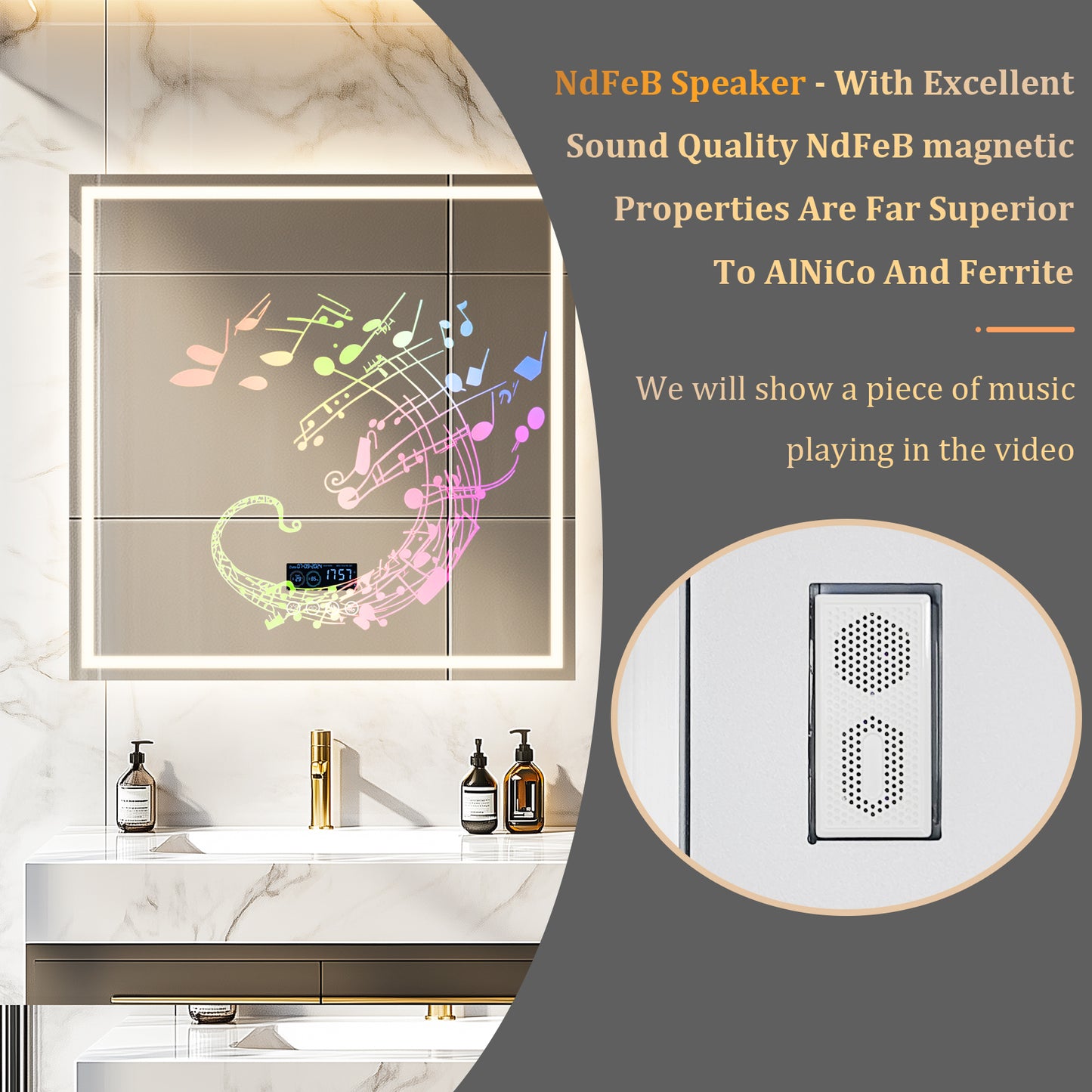 Square LED Bathroom Mirror with Bluetooth Speaker, Double Led Strips