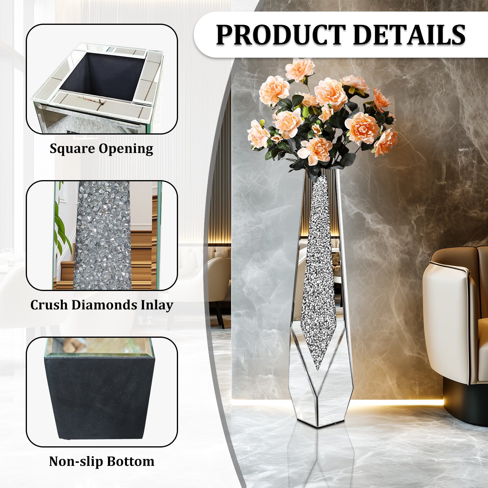 28” Tall Crushed Diamond Mirrored Flower Vase Crystal Silver Floor Flower Vase