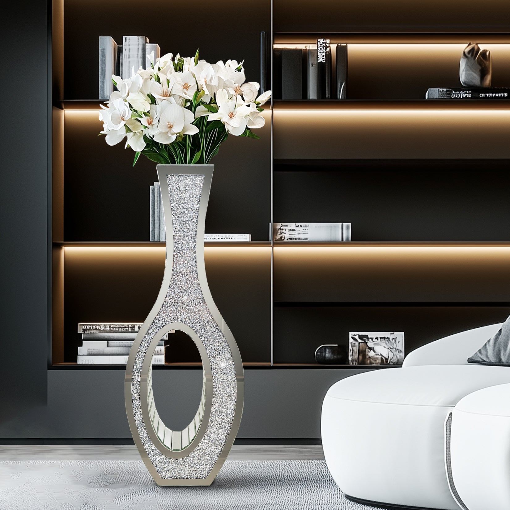 Crushed Diamond Floor Vase: Silver Mirror Vase Geometric Bling Floor-Standing Luxury Home Decor