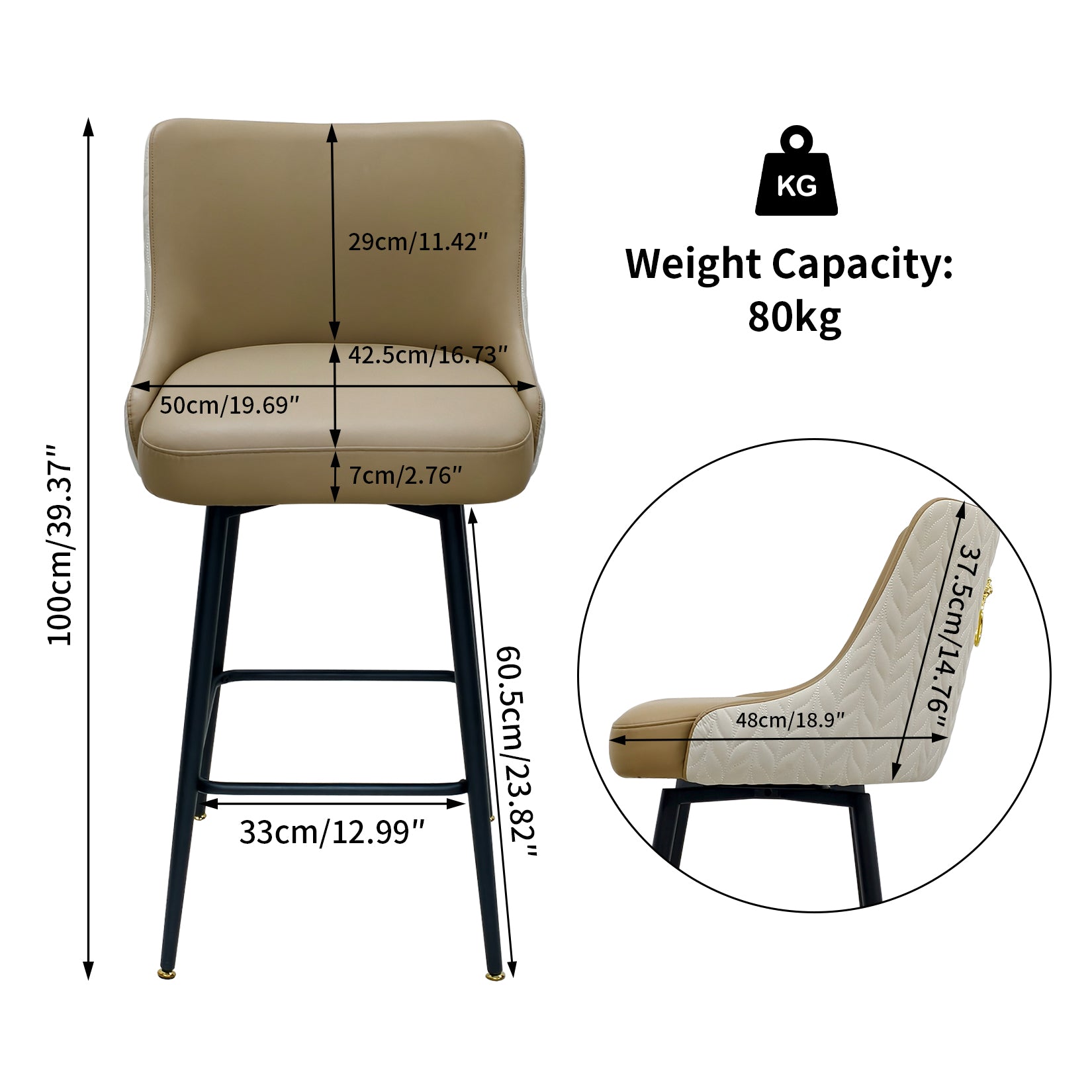 360° Swivel High Bar Stools Upholstered Height Kitchen Island Leather Counter Chair