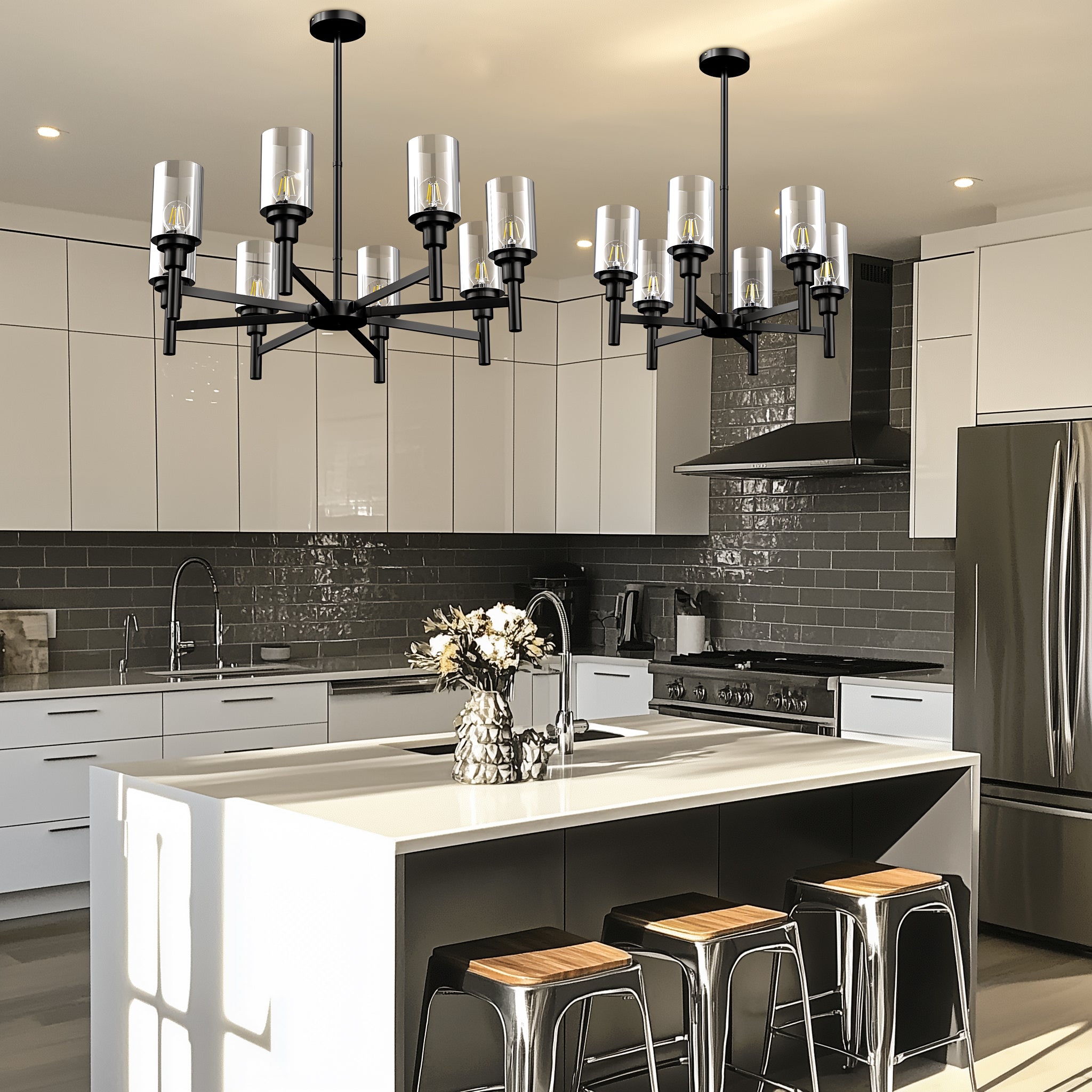 6-light/ 8-Light Industrial Ceiling Chandelier Lamp with Matt Black Frame Pendant Light for Kitchen Island, E27 Led Sources