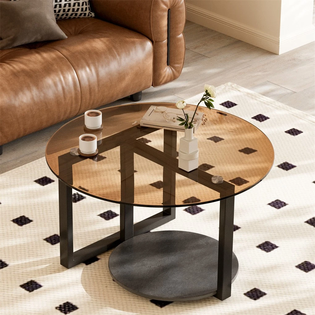 Modern Round Coffee Table Circle Amber-Tinted Tempered Glass Cocktail Table with 2-Tier