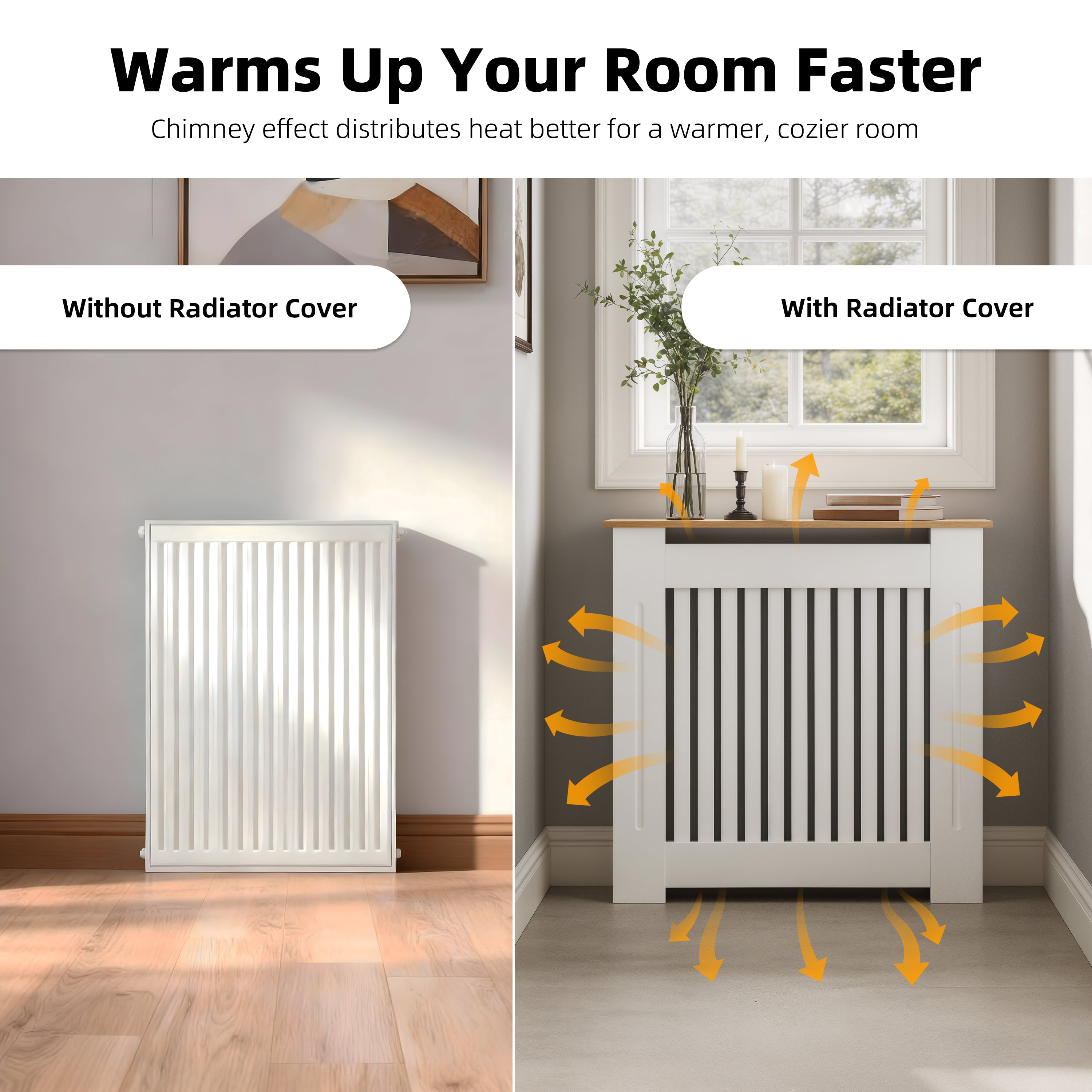 FATIVO Radiator Cover | Internal Height 81cm |  Vertical Slatted Heater Radiator Cover White MDF Radiator Cover with Wood Texture Nature Top for Living Room, Bedroom