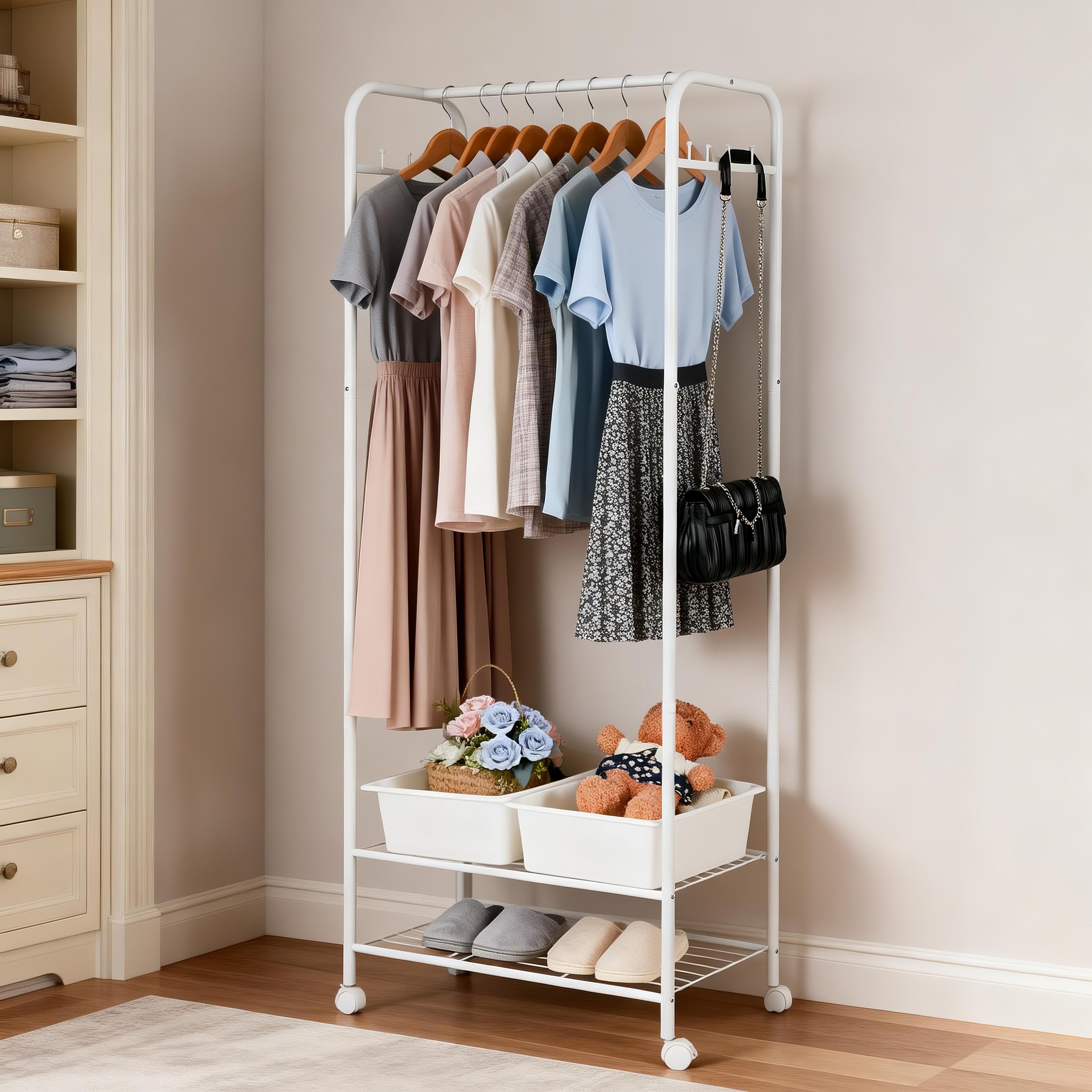 Metal Clothes Rack Stand on Wheels - Space-Saving, Minimalist White Style