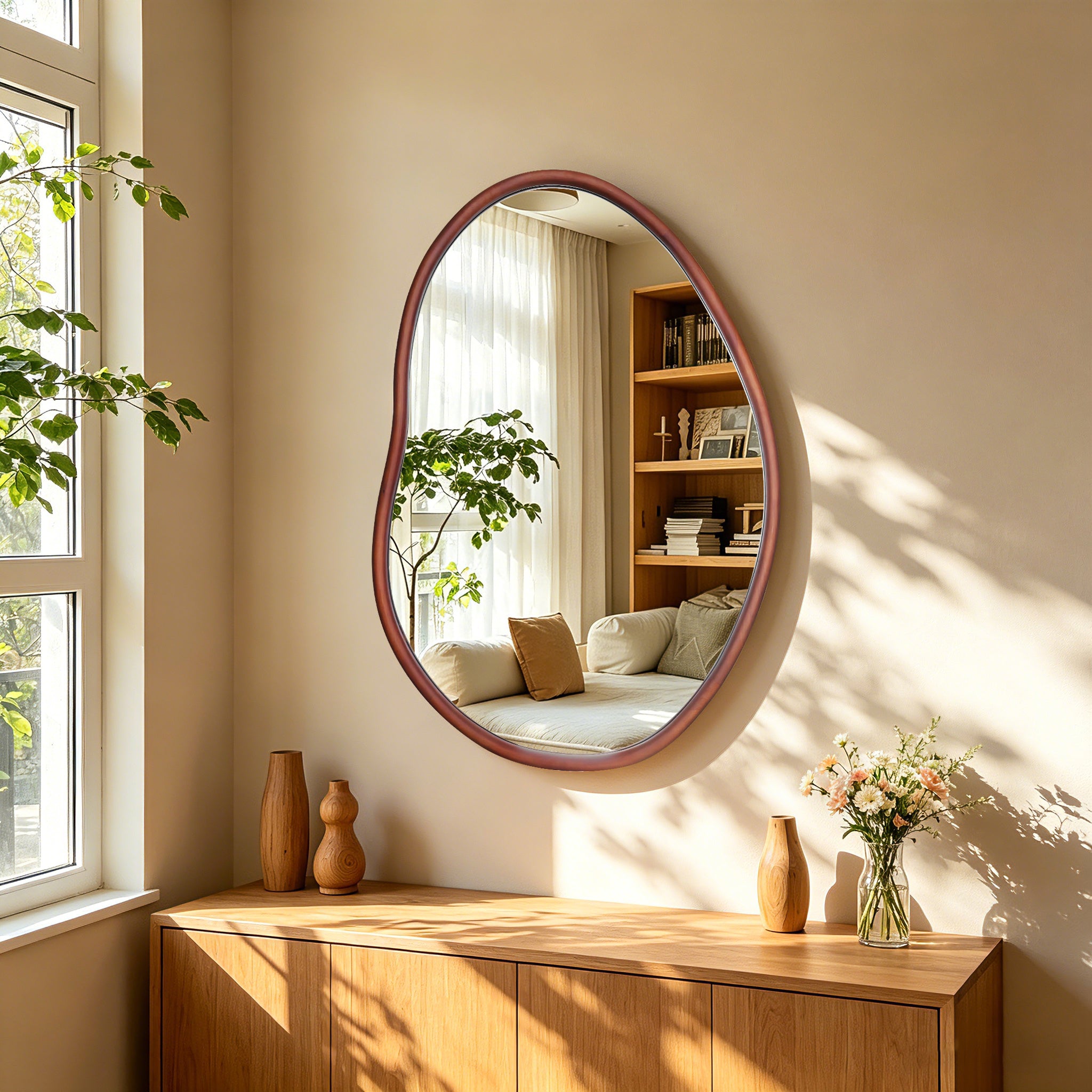 Irregular Wall Mirror: Abstract Asymmetrical Wood Frame Tempered Glass Wall Mirror, Entryway Accent Mirror, Horizontal Vertical Hanging