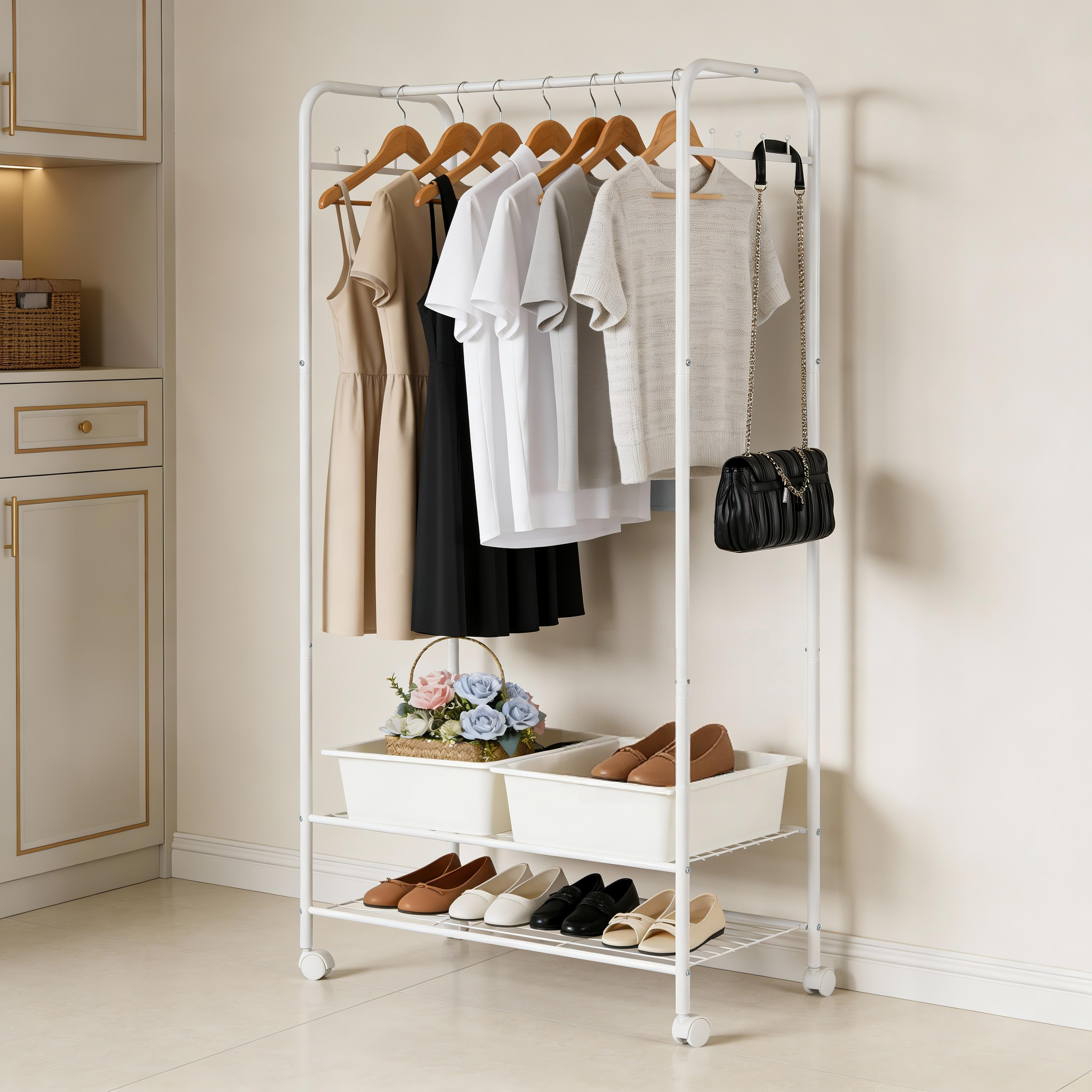 Metal Clothes Rack Stand on Wheels - Space-Saving, Minimalist White Style