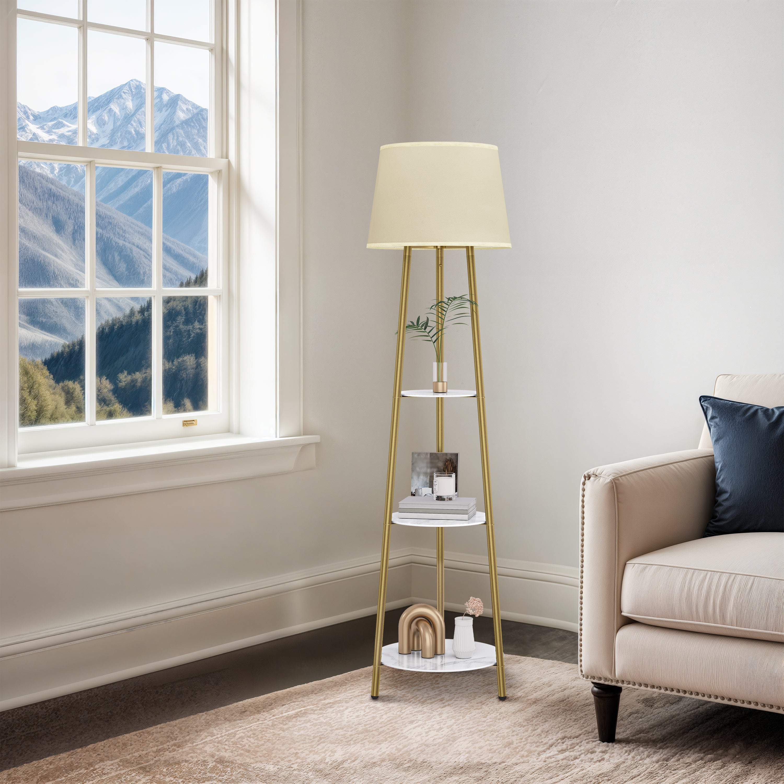 Tripod Led Floor Lamp: Modern Free Standing Floor Lamp with Sintered Stone Shelves