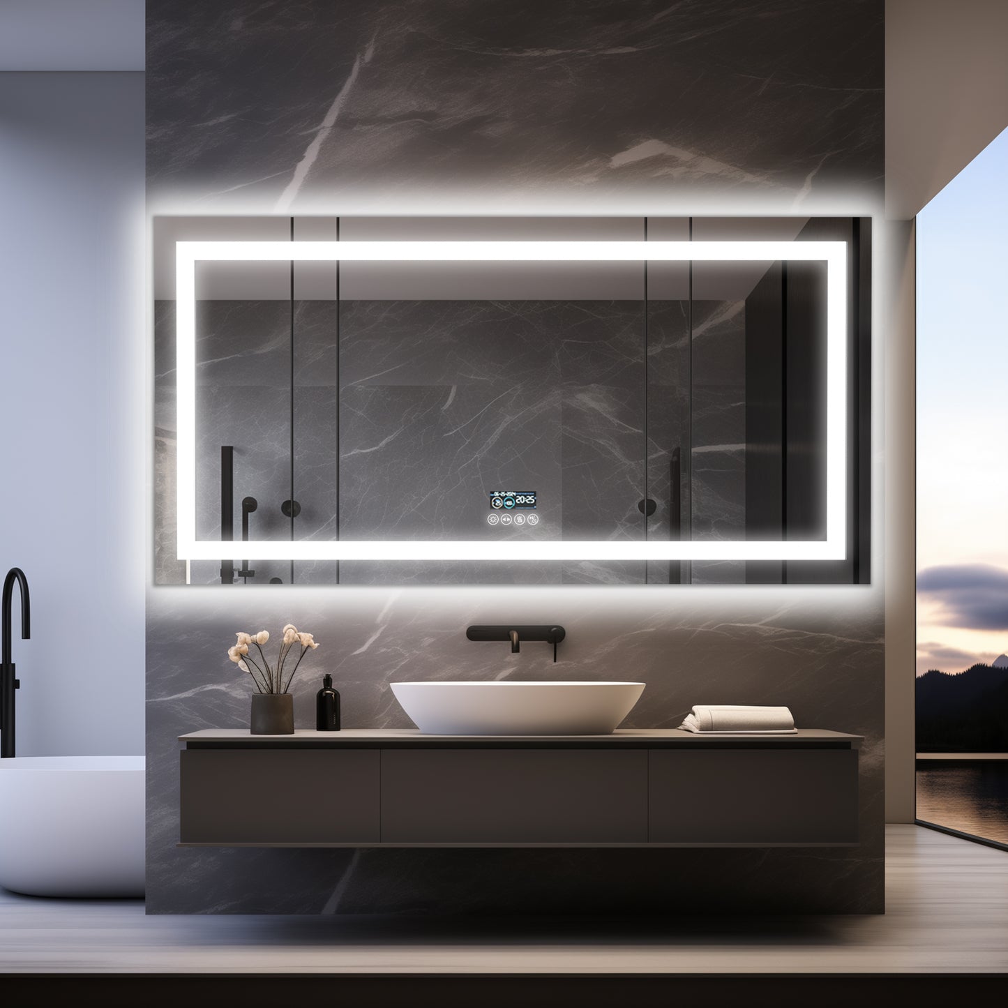 Long Rectangular LED Lighted Bathroom Mirror with Bluetooth Speaker