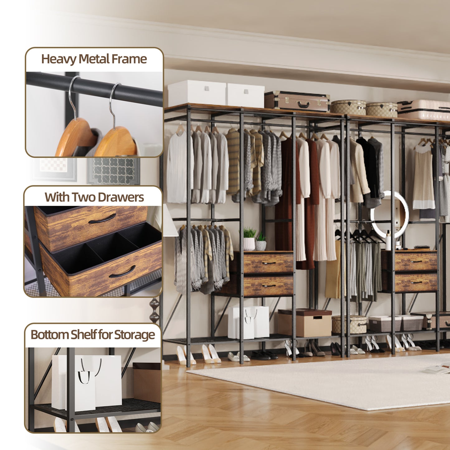 Freestanding Heavy Duty Clothes Rack Dust-proof Curtain Portable Wardrobe