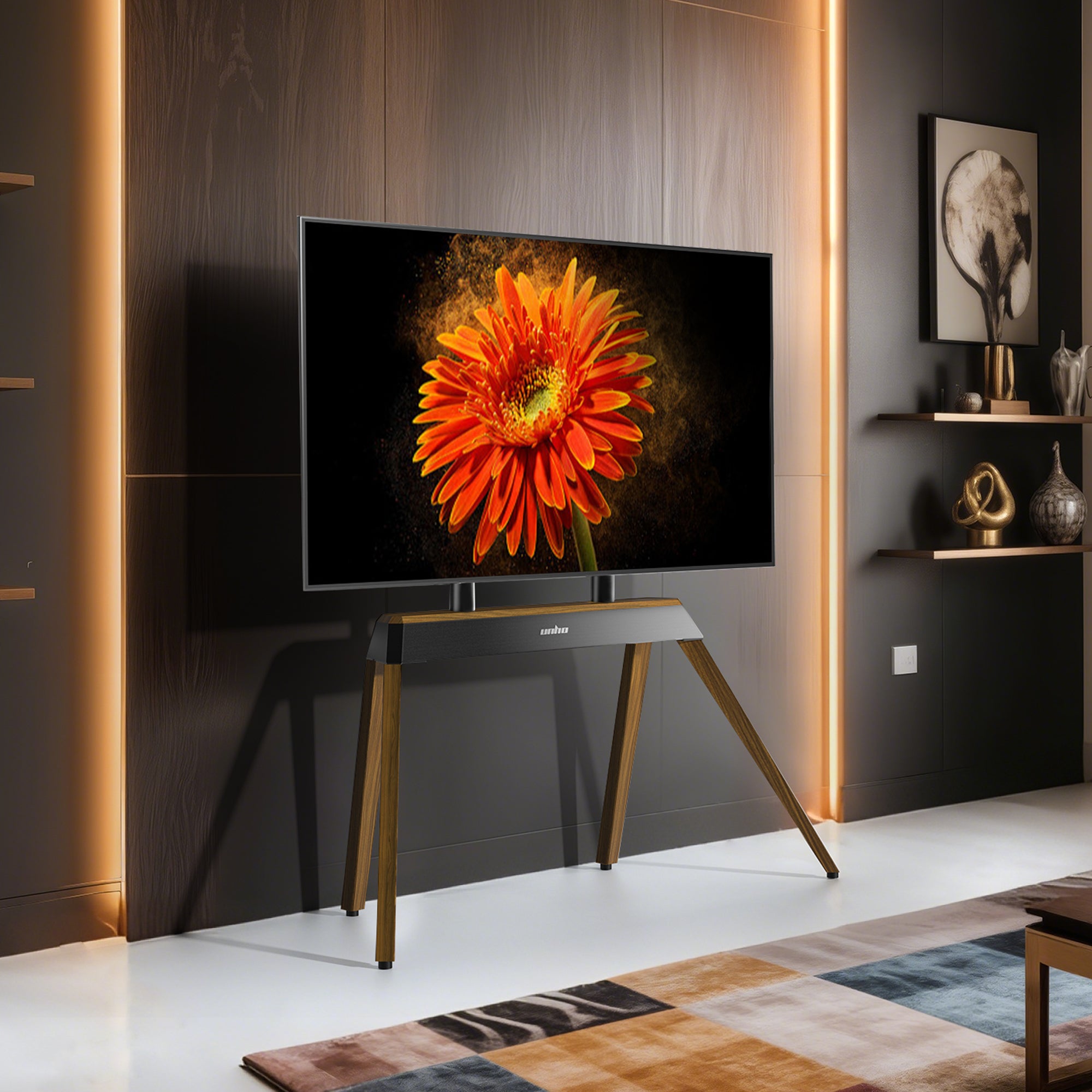 Mid-century Modern TV Floor Stand for 40”-86” TV Stand with Trapezoidal-frame