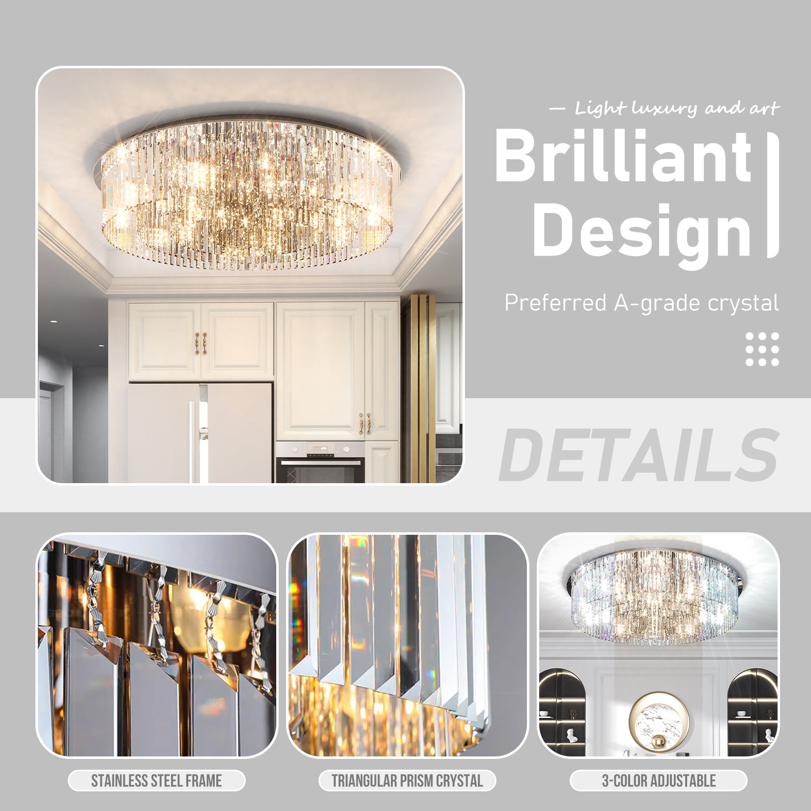 Luxury Crystal Ceiling Chandelier Pendant Lights Fixtures with Shining Grey Crystals, D 23.62”/31.49”