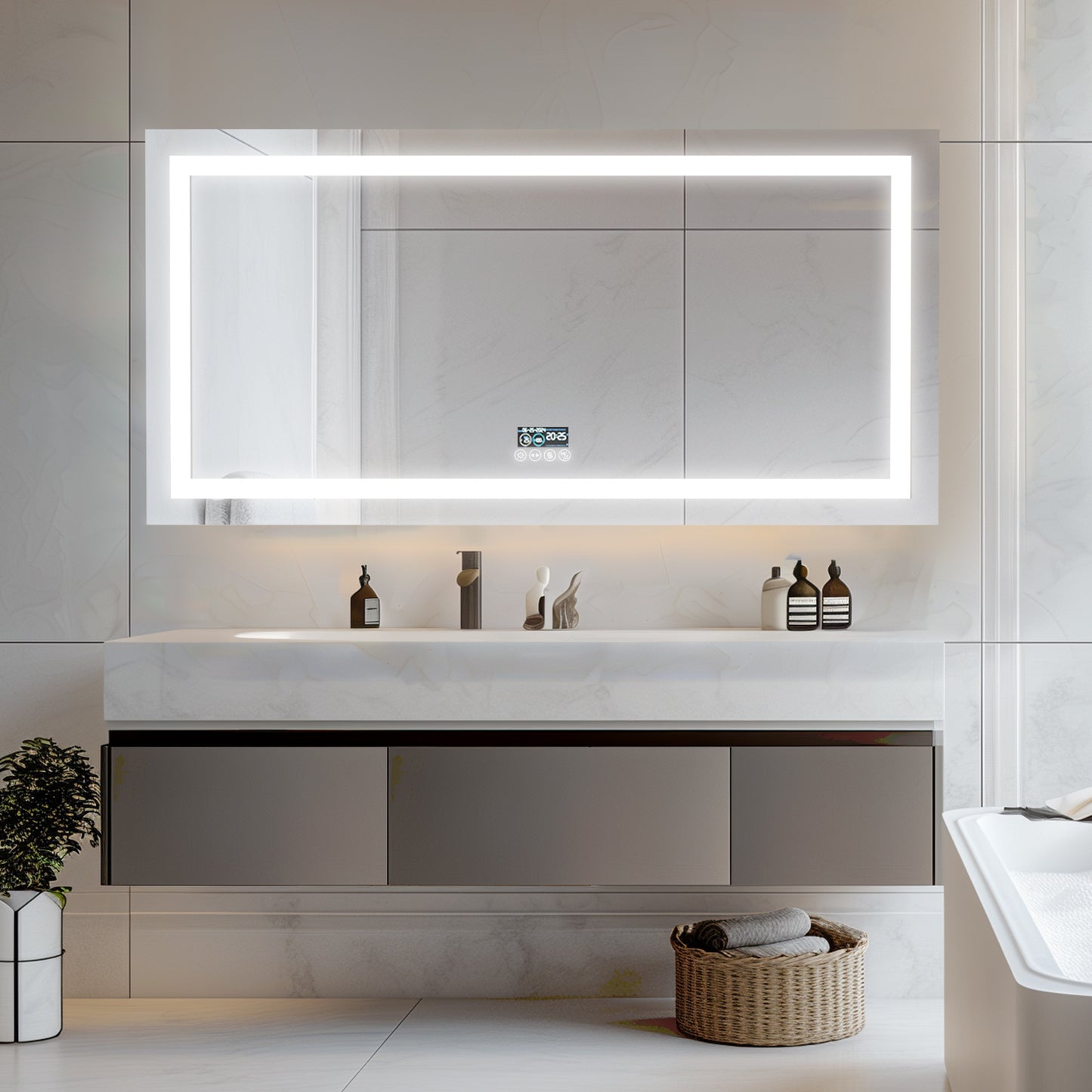 Long Rectangular LED Lighted Bathroom Mirror with Bluetooth Speaker