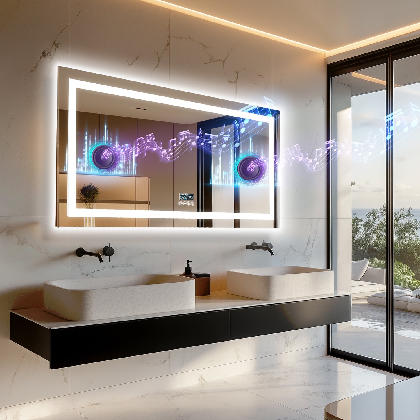 Illuminated Bathroom Mirror w/ Bluetooth Speaker, Dual LED Light Strips