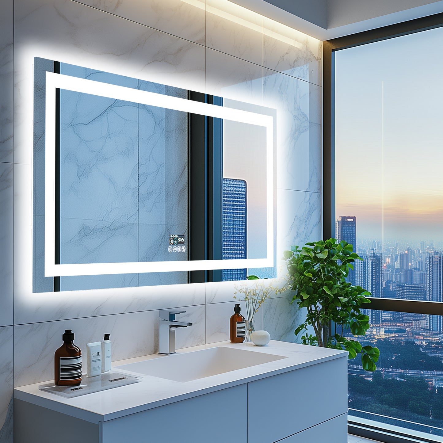 Long Rectangular LED Lighted Bathroom Mirror with Bluetooth Speaker