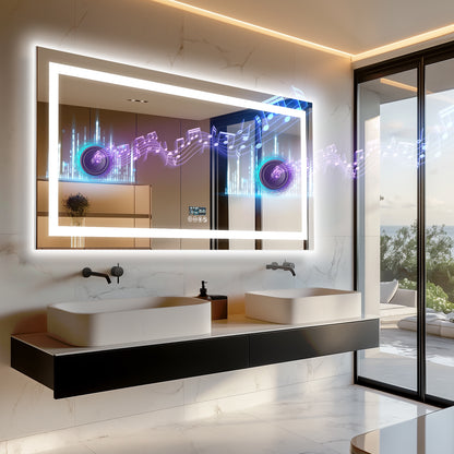 Long Rectangular LED Lighted Bathroom Mirror with Bluetooth Speaker