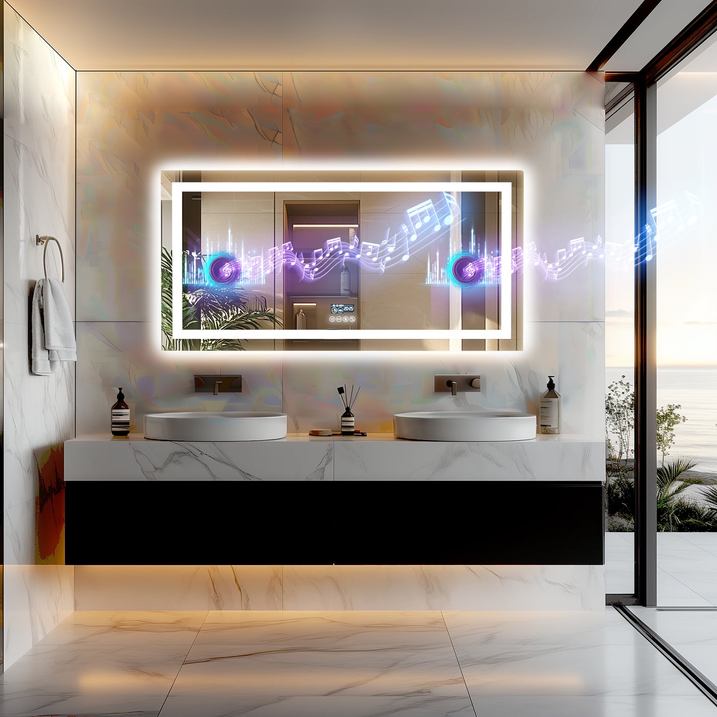 Illuminated Bathroom Mirror w/ Bluetooth Speaker, Dual LED Light Strips