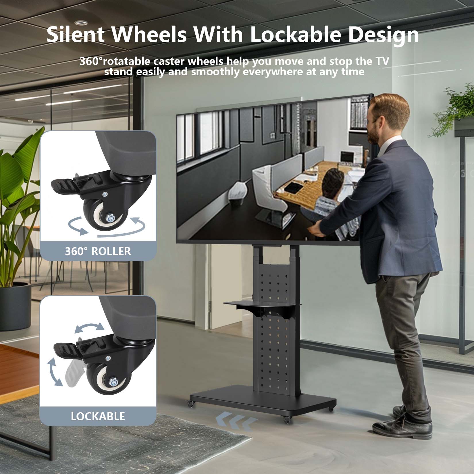 TV Floor Stand on Wheels with Storage Shelves Trolley TV Mount for 32’’-65'' TV LCD